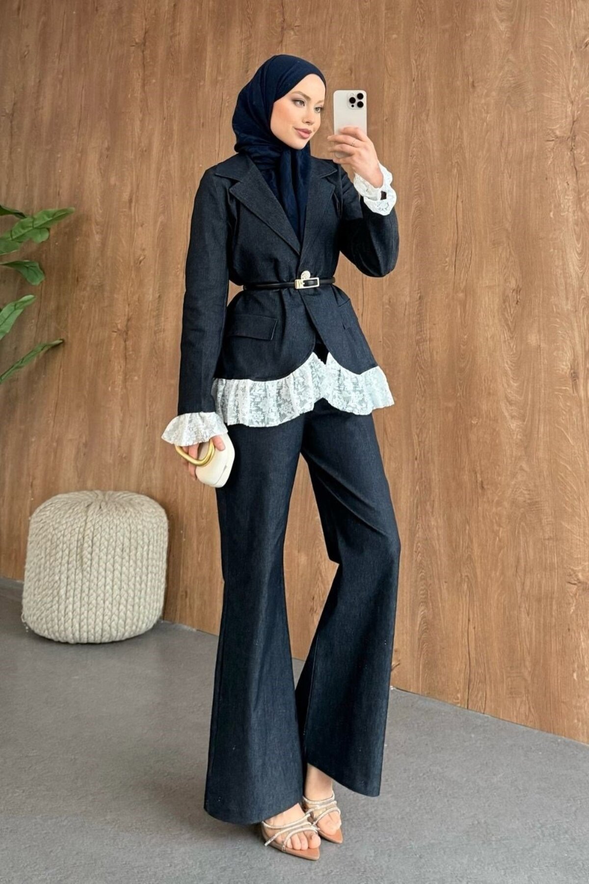 Lace Detailed Denim Set Navy Blue
