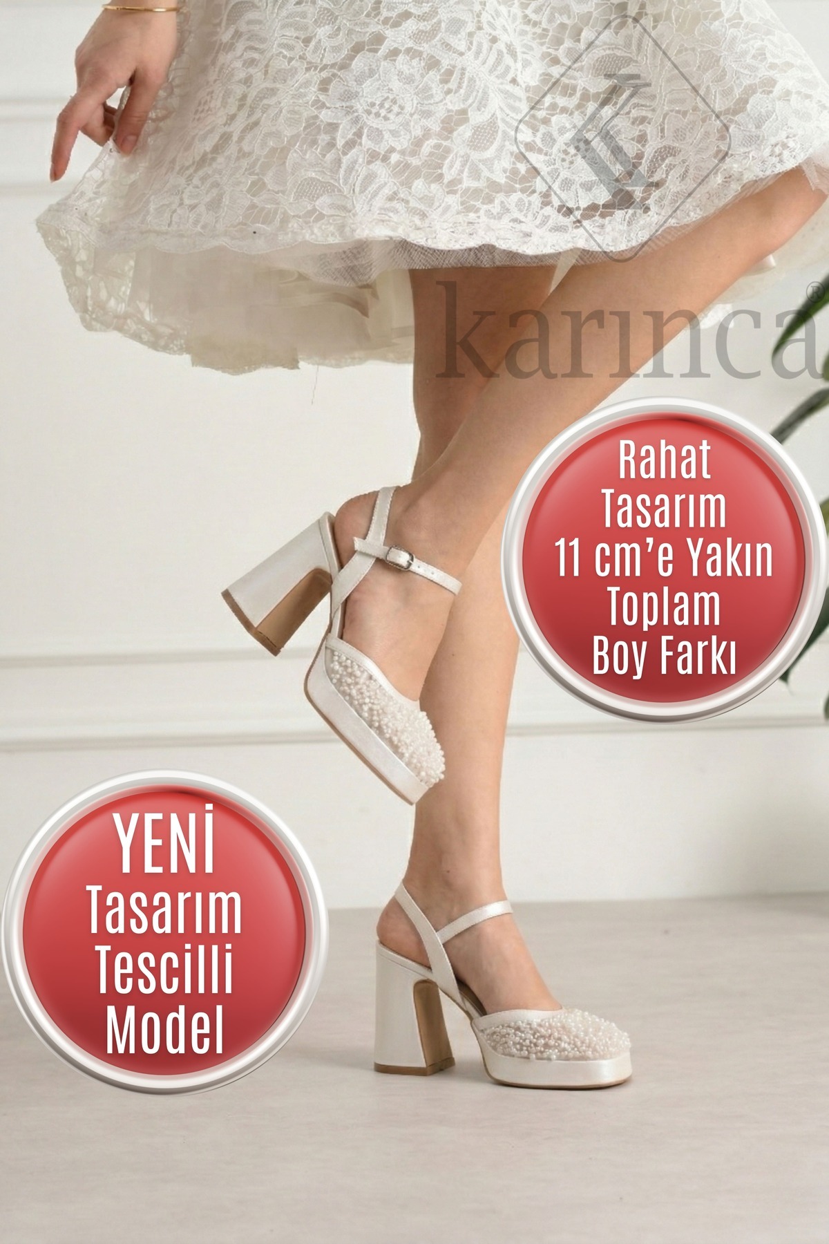 Kopenhag Sedef Gelin Ayakkabısı, İncili Gelin Ayakkabısı, 11 cm