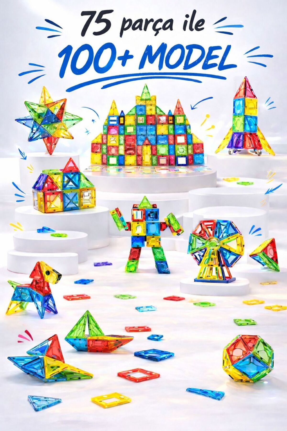ZİVENTA Magnetic Tiles 75 Parça Manyetik Yapı Blokları Eğitici STEM Oyuncak İnşa Oyuncağı Zeka Geliştirici fotoğrafı 5 (önizleme)
