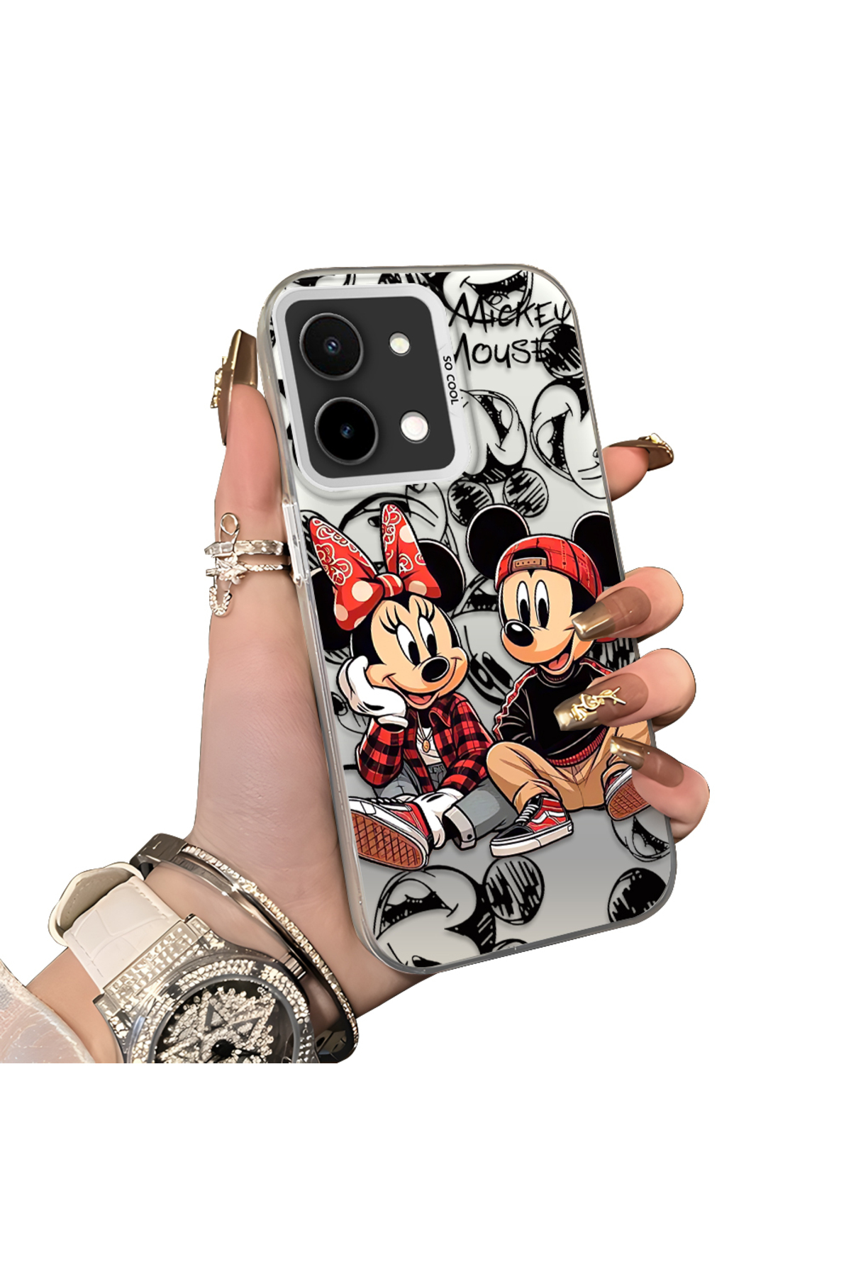 Vivo Y28 4G Compatible Hard Acrylic Rear Silicone Edge Lens Protection Case Mickey