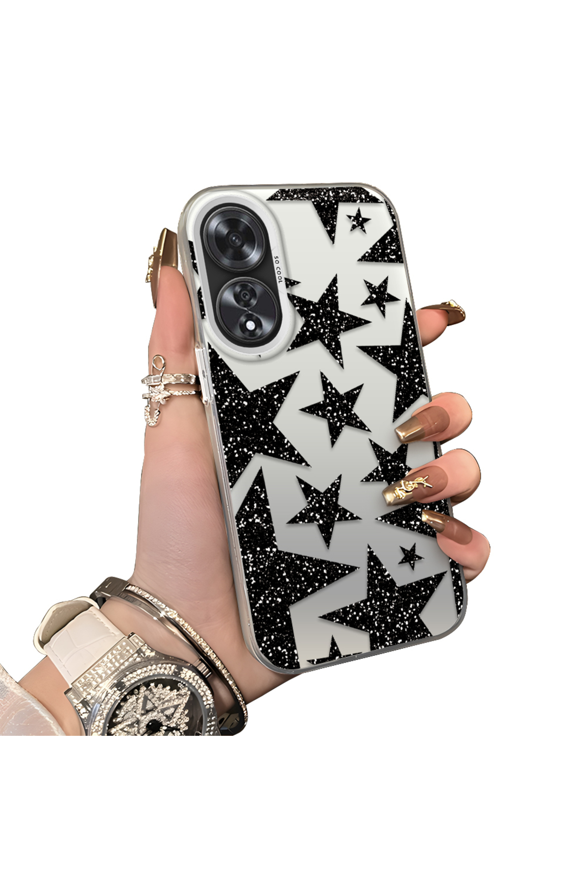 OPPO A60 Compatible Hard Acrylic Rear Silicone Edge Lens Protection Case Star patterns
