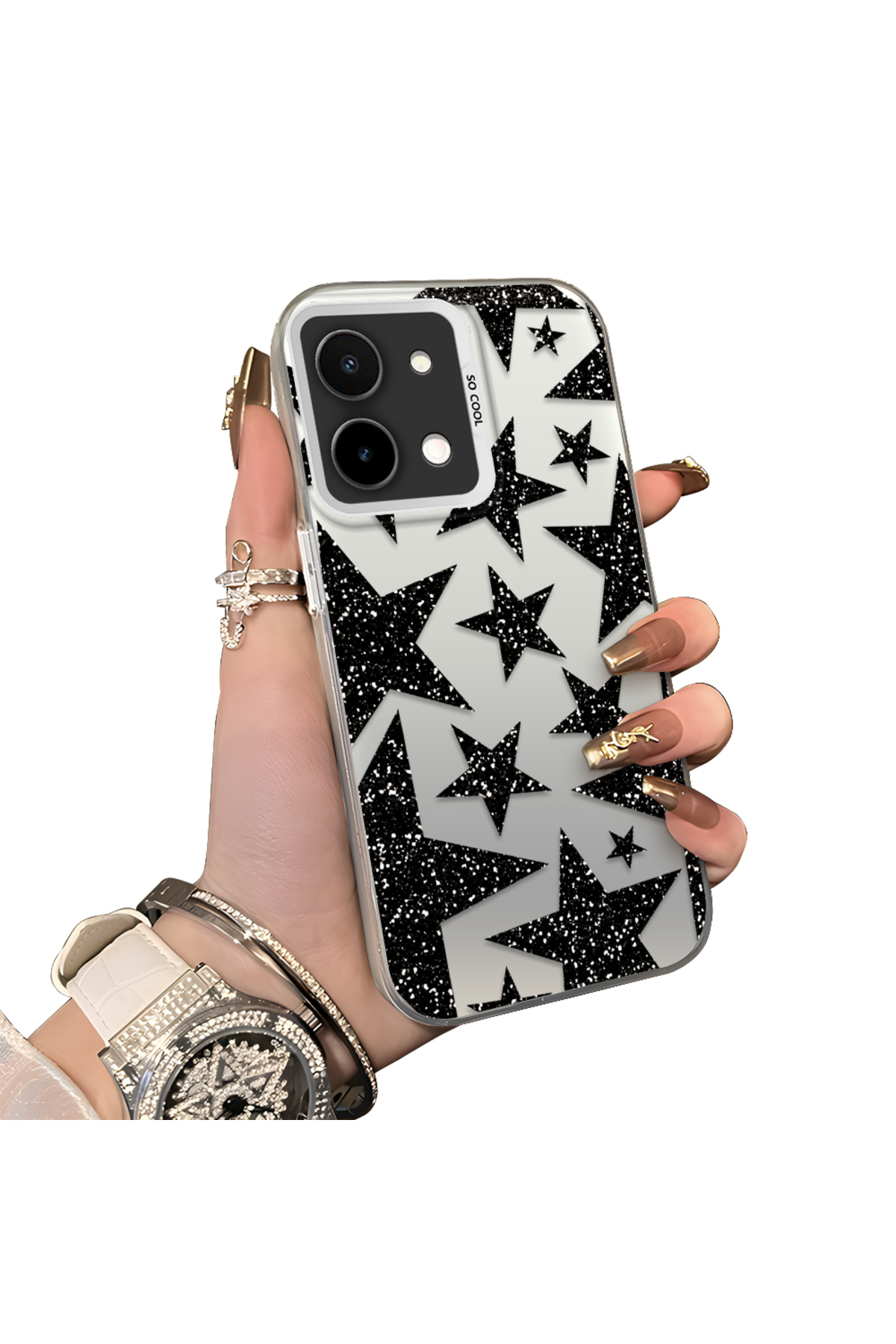 Vivo Y28 4G Compatible Hard Acrylic Rear Silicone Edge Lens Protection Case Star patterns