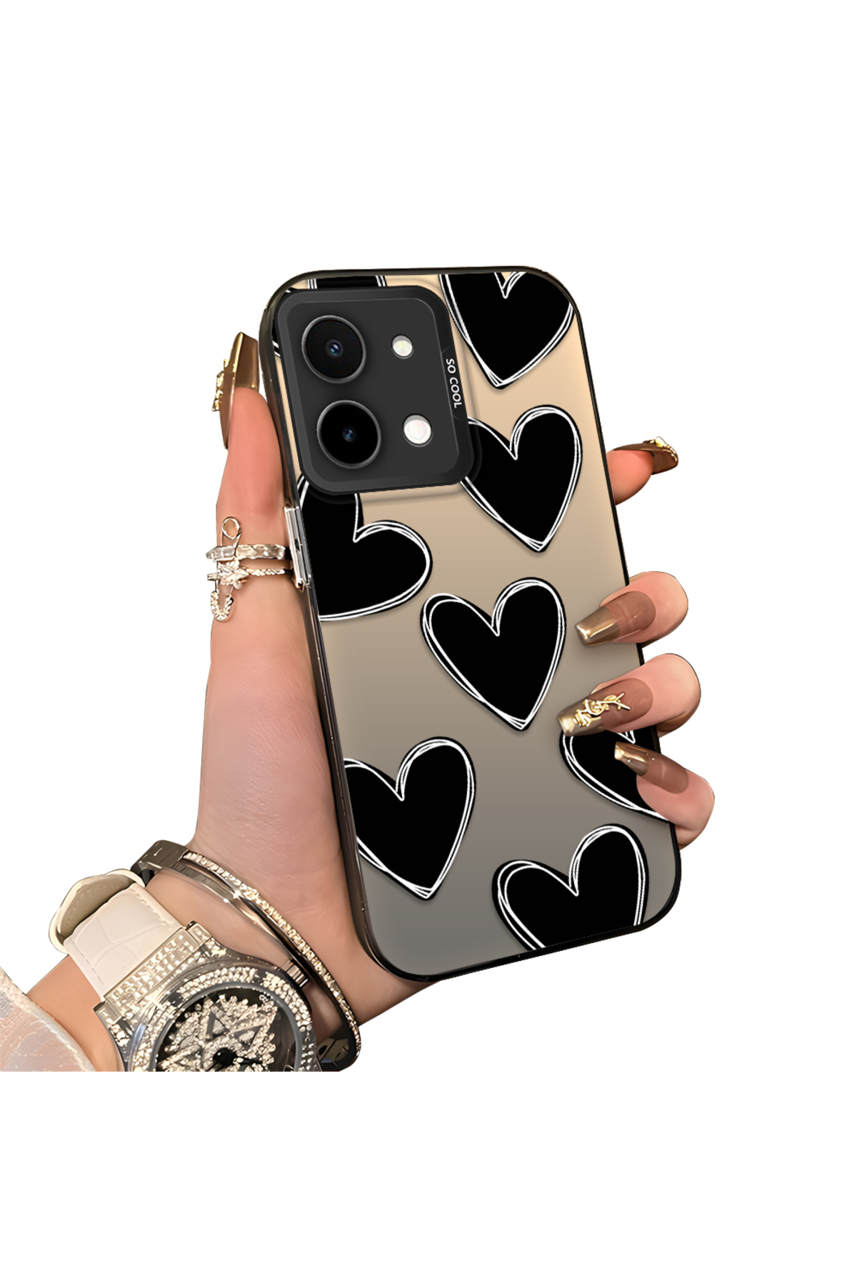 Vivo Y28 4G Compatible Hard Acrylic Back Silicone Edge Lens Protection Case Heart Pattern
