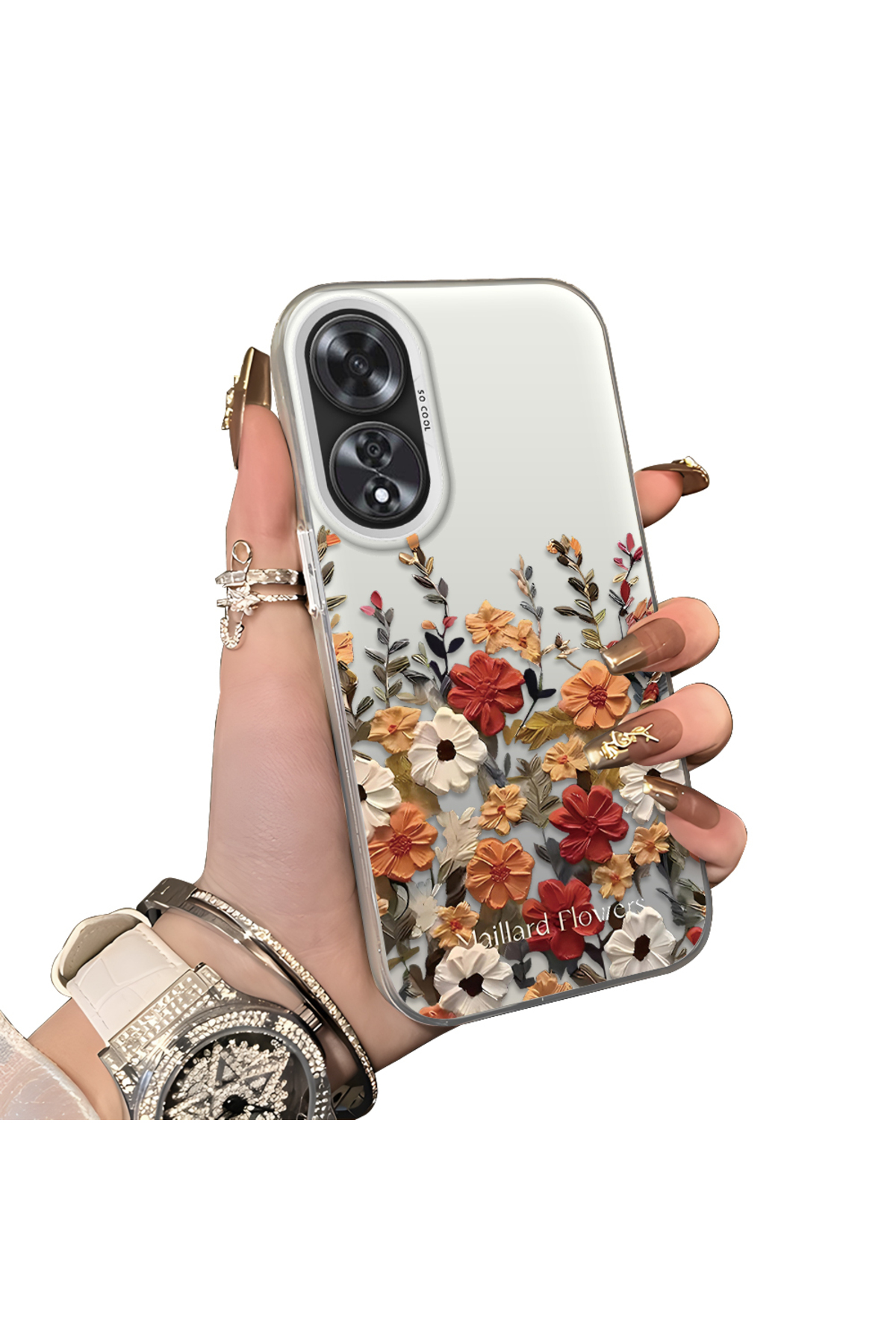 OPPO A60 Compatible Hard Acrylic Rear Silicone Edge Lens Protection Case Beautiful Flower