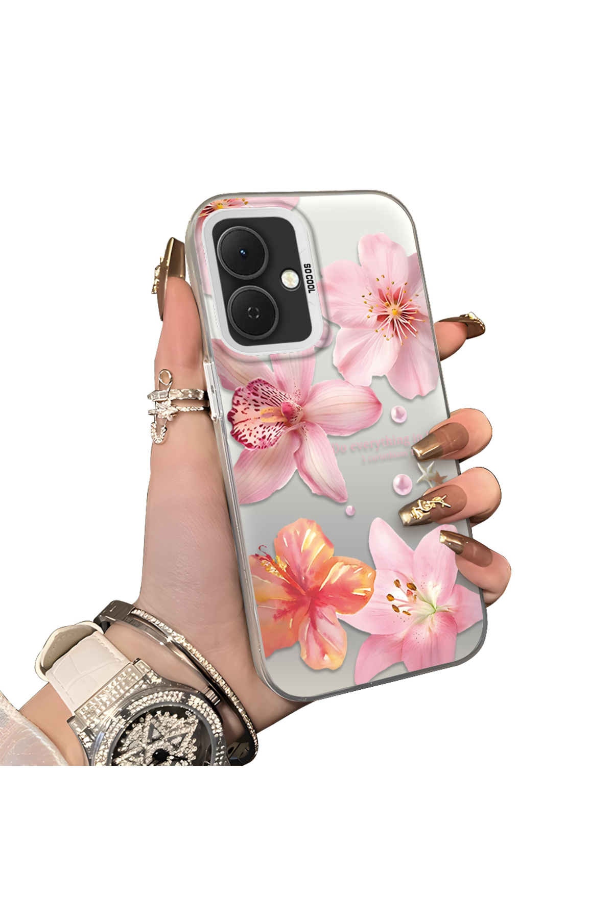 Tecno Spark Go 2 Compatible Hard Acrylic Rear Silicone Edge Lens Protection Case lily pattern