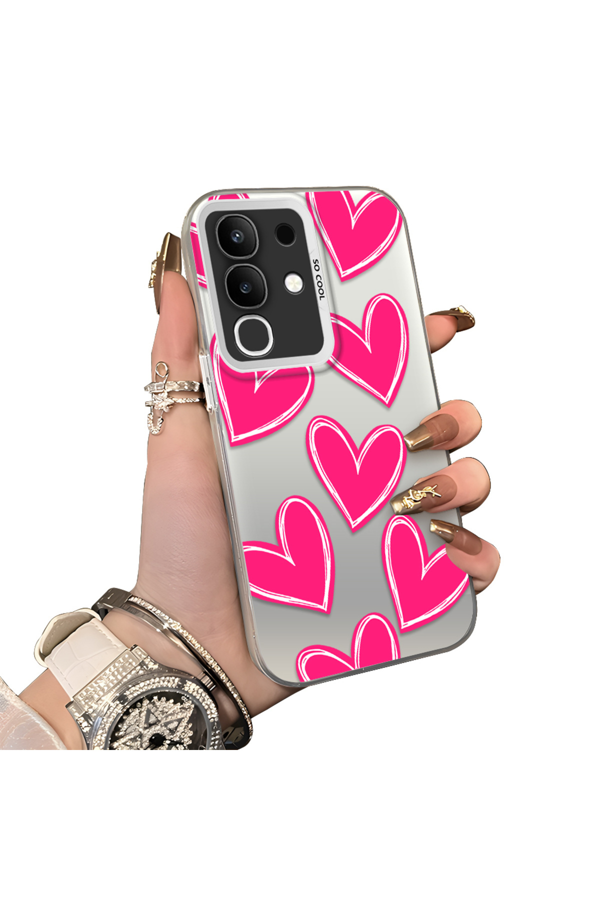Vivo Y29 4G Compatible Hard Acrylic Back Silicone Edge Lens Protection Case Heart Pattern
