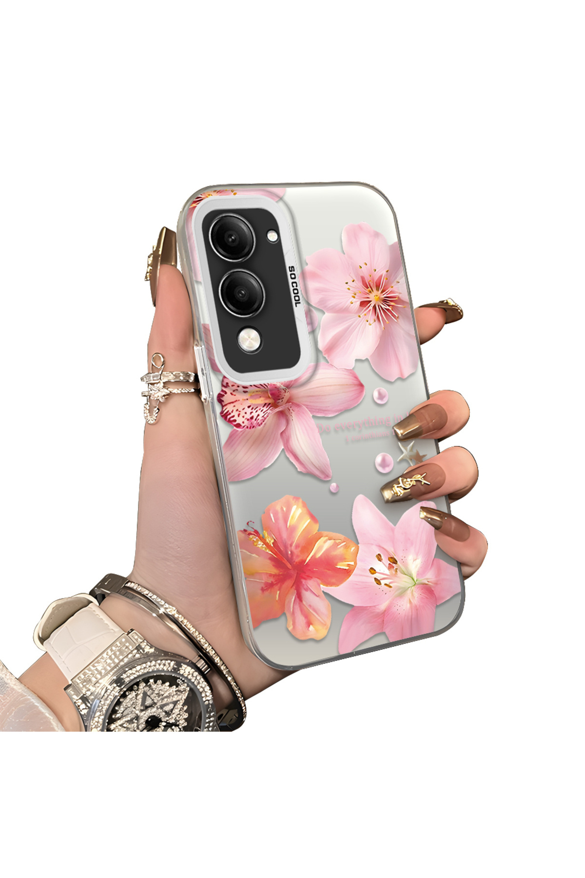 Vivo Y29S Compatible Hard Acrylic Rear Silicone Edge Lens Protection Case lily pattern