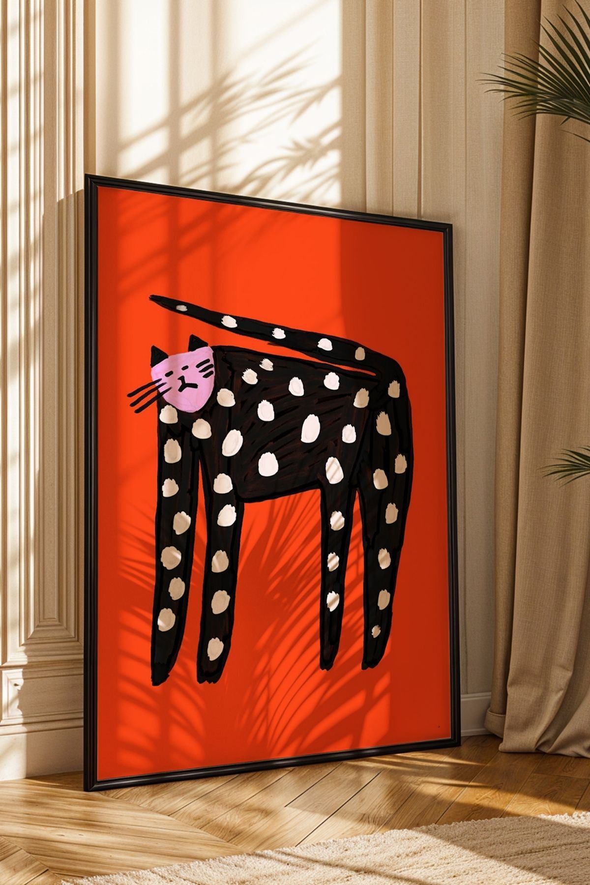 Kırmızı Kedi Tablosu Poster Modern Hayvan Figürlü Duvar Dekoru Çerçevesiz