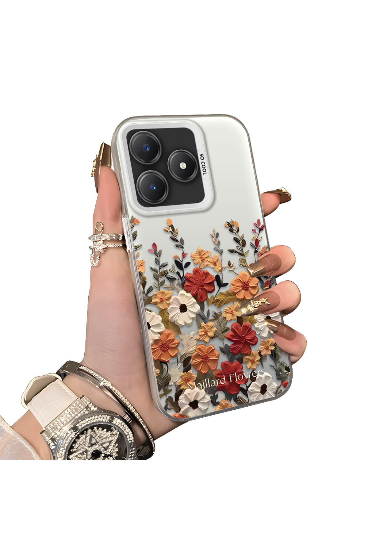 Realme C63 4G/C61 Compatible Hard Acrylic Back Silicone Edge Lens Protection Case Beautiful Flower