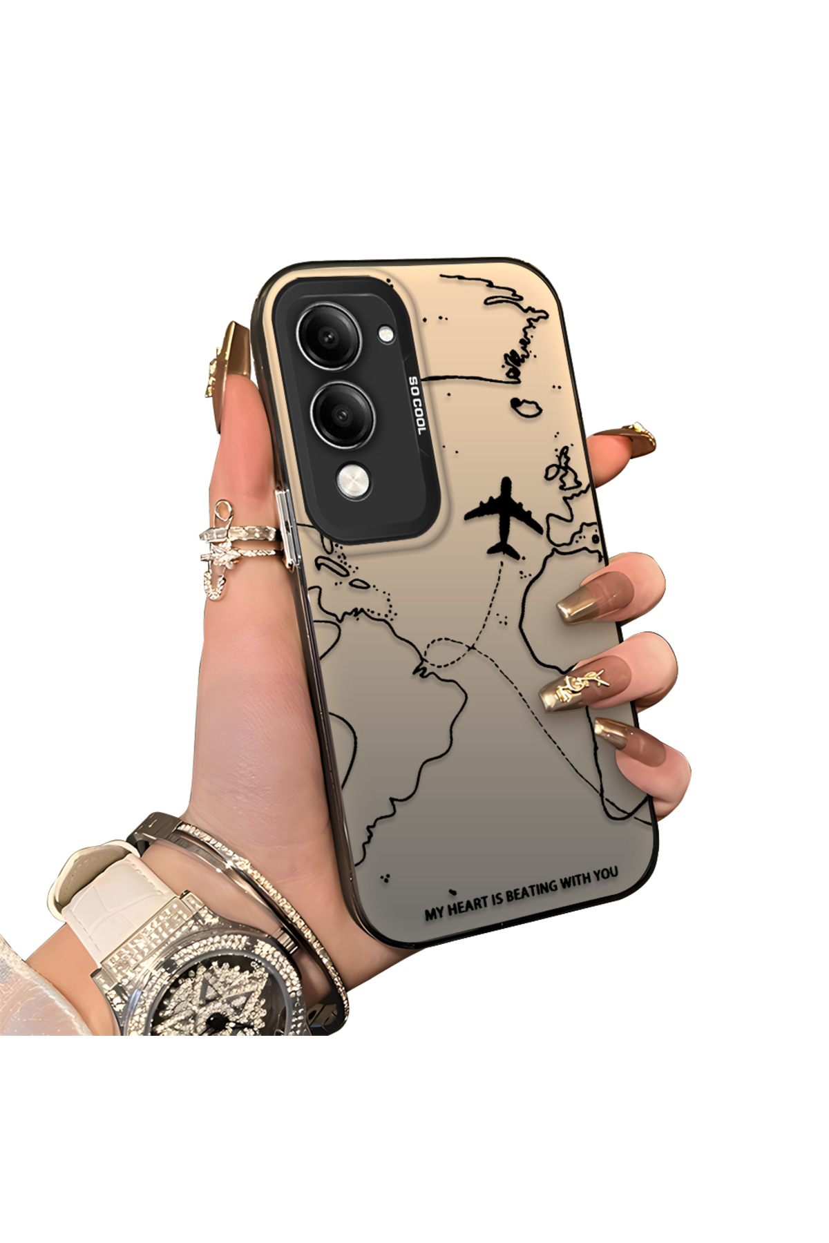 Vivo Y29S Compatible Rigid Acrylic Rear Silicone Edge Lens Protection Case Airplane pattern