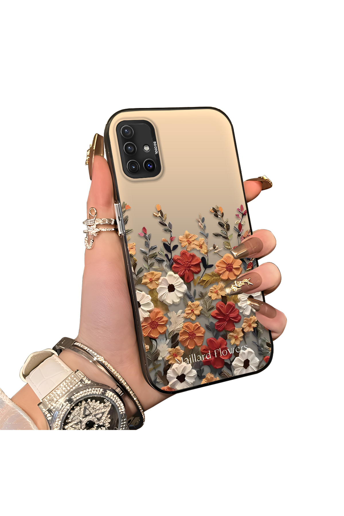 Samsung Galaxy A51 4G Compatible Hard Acrylic Back Silicone Edge Lens Protection Case Beautiful Flower
