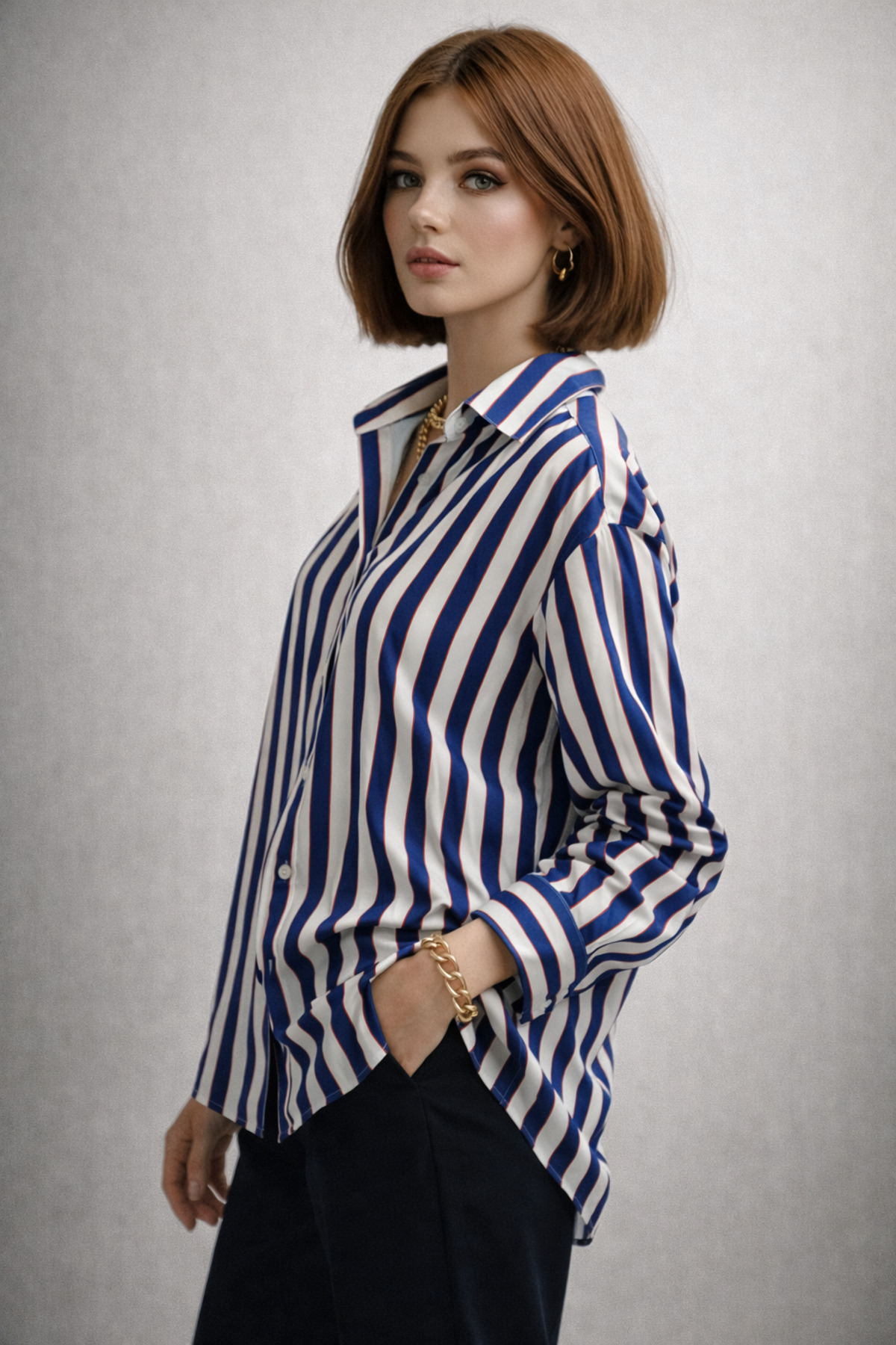 ribana  Kadın Çizgili saten kumaş Klasik Yaka, Önü Düğmeli Uzun kollu, Manşet Bitişli Gömlek 3971 - Görsel 4