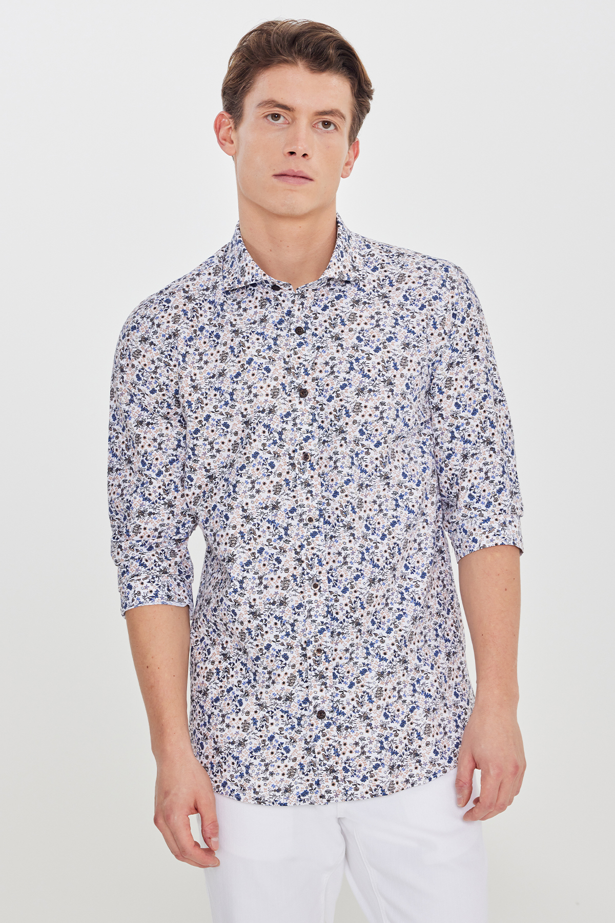 Men's White-NavyBlue Cotton Slim Fit Slim Fit Large Italian Neck Printed Shirt