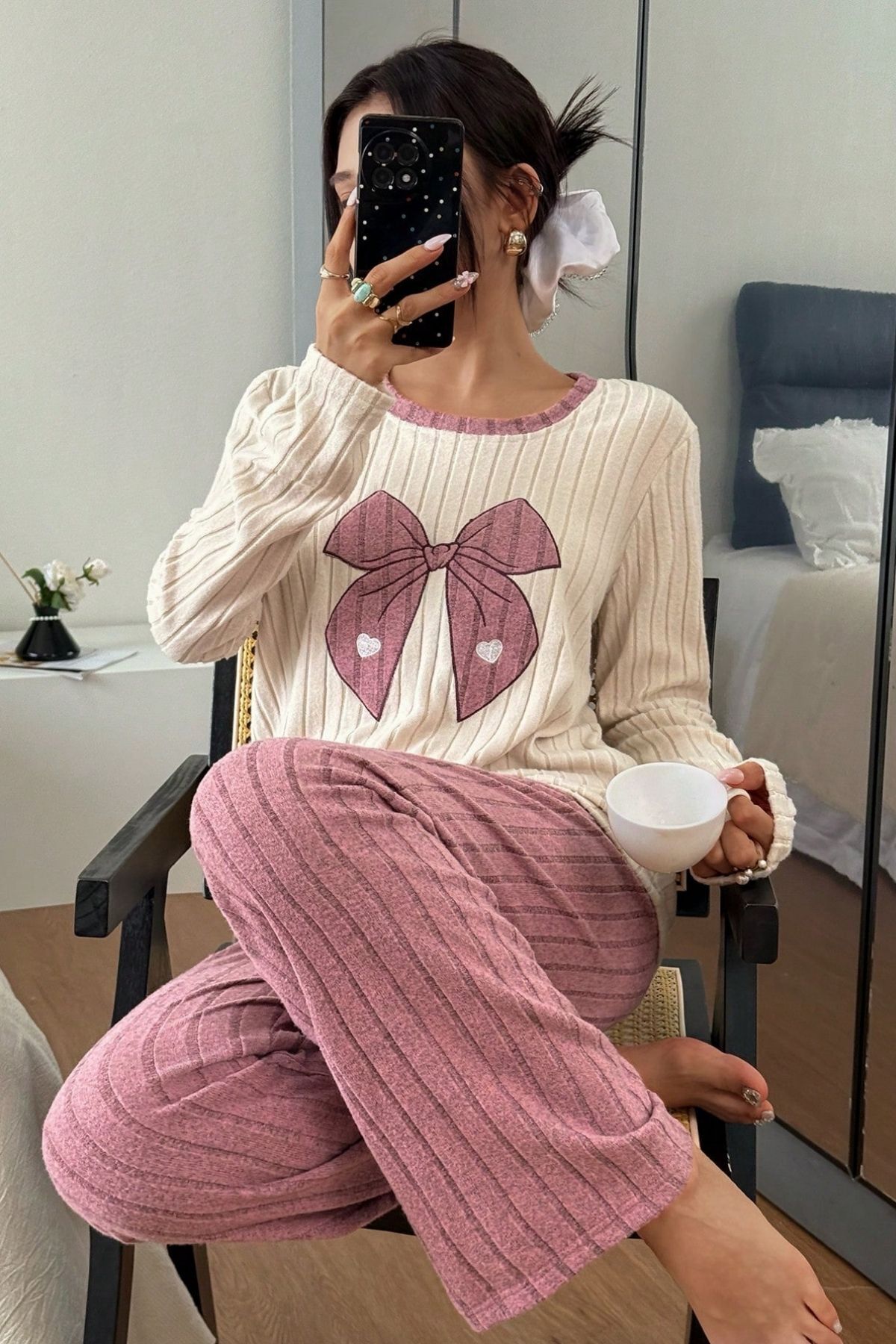 BELLA NOTTE Pembe Nakışlı Pembe Uzun Kollu Pijama Takımı