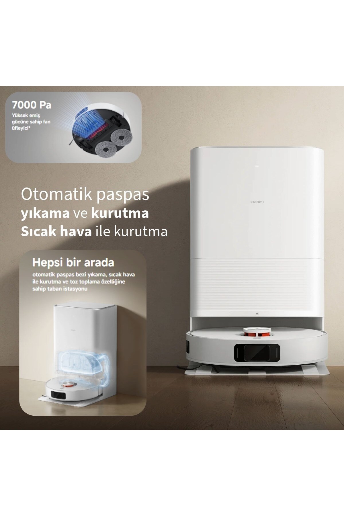 7000PA Halıları Tanıyıp Paspas Kaldıran ve Kendi Kendini Temizleyen Istasyonlu B