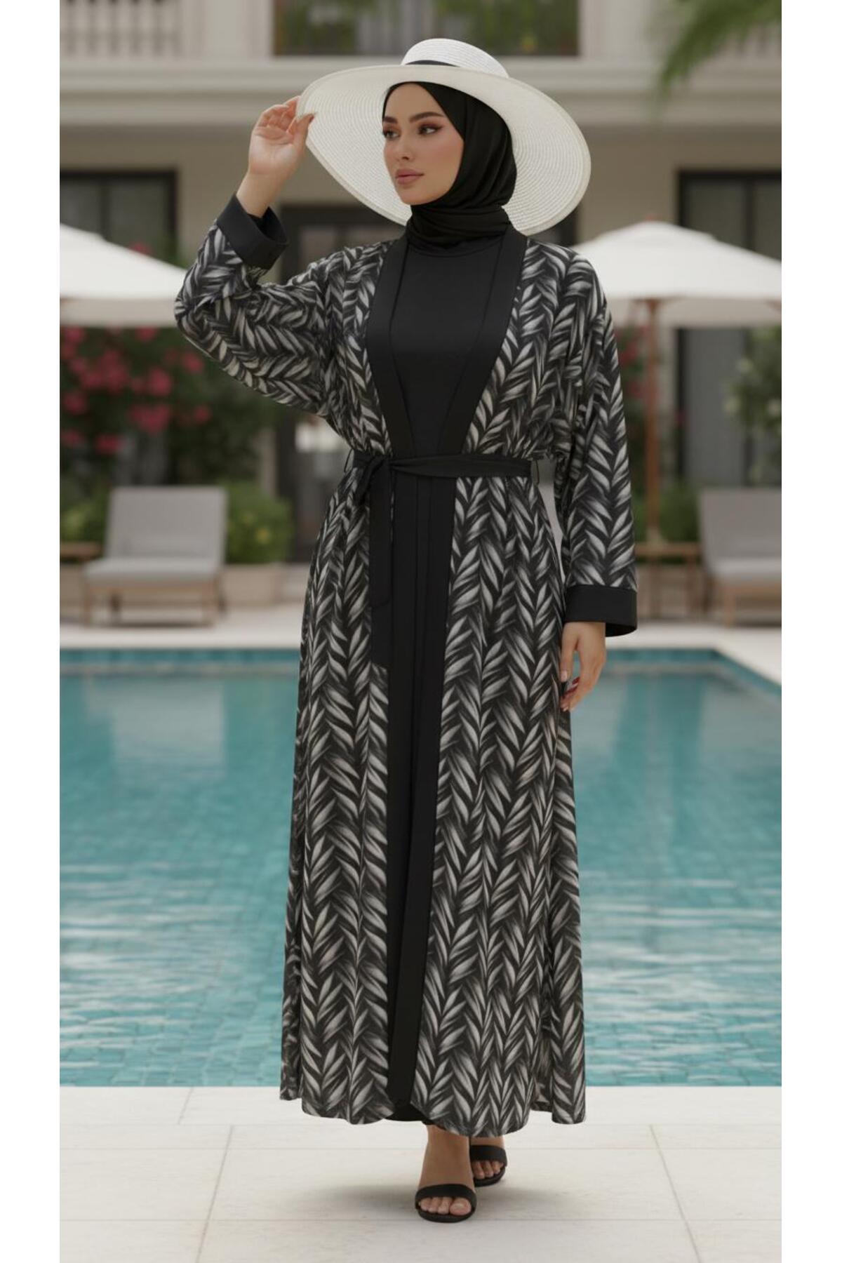 Hijab Leaf Patterned Modest Swimsuit Set Kimono Pareo Set of 4