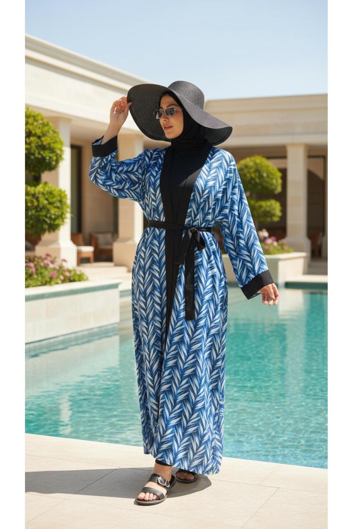 Hijab Leaf Patterned Modest Swimsuit Set Kimono Pareo Set of 4