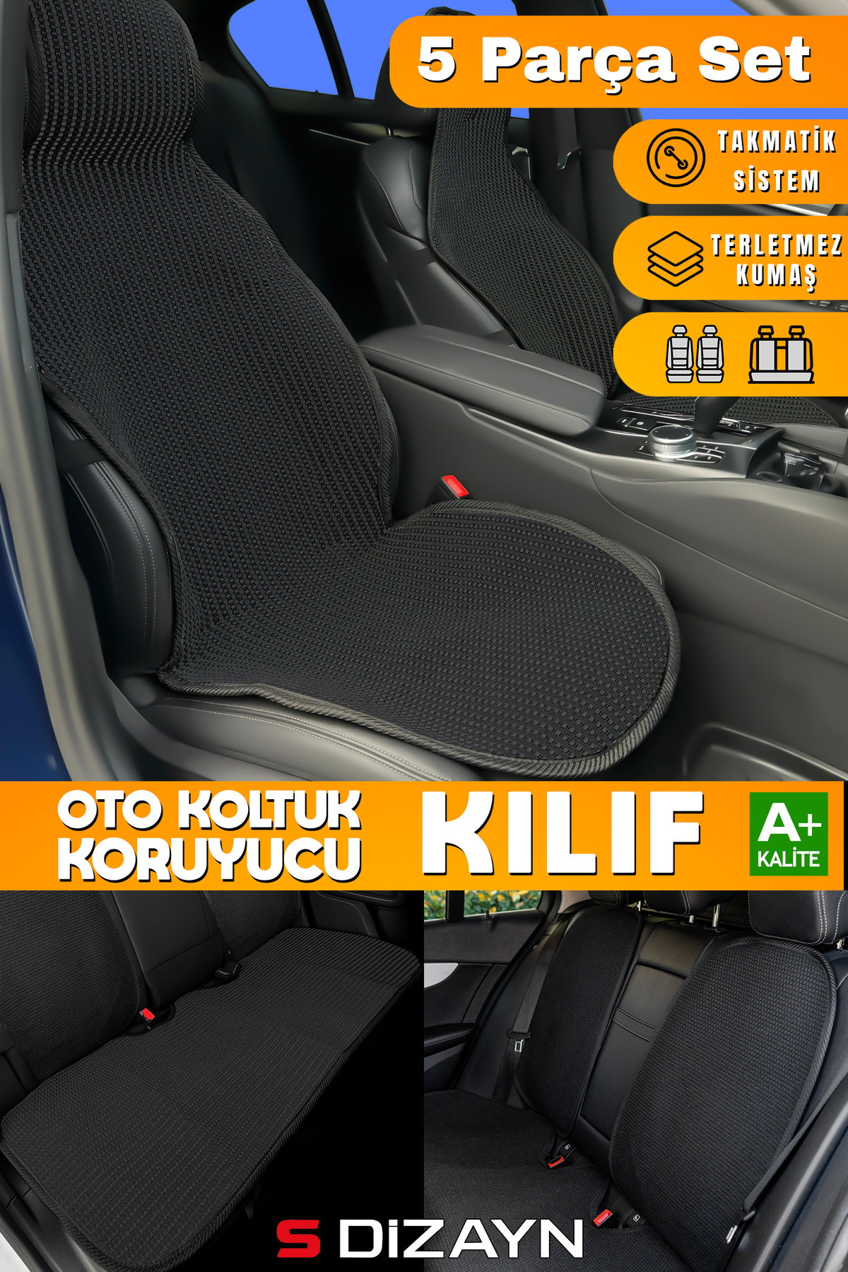 S Dizayn S-Dizayn Oto Koltuk Koruyucu Kılıf Set Siyah Universal 2+3 Parça Ön Arka TOK-SY-5 fotoğrafı 2 (önizleme)