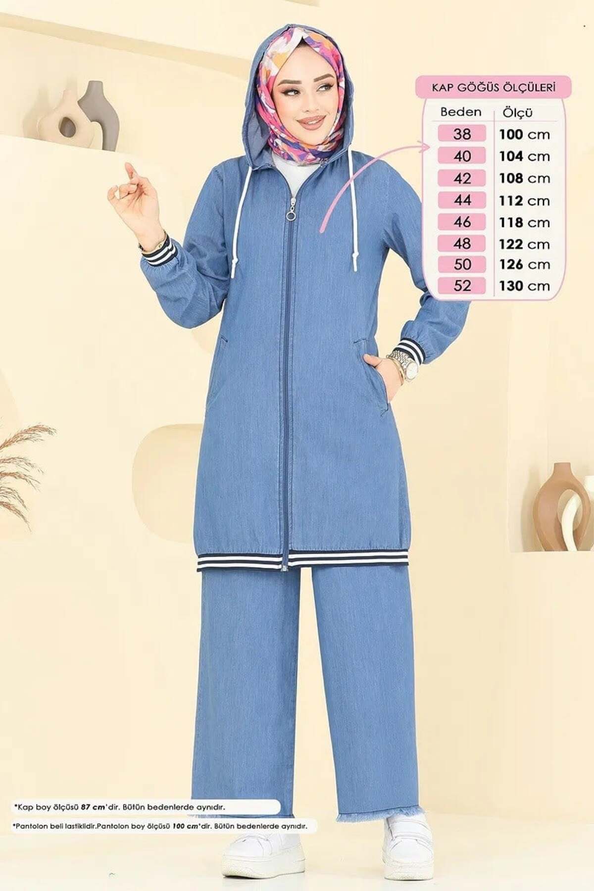 Rabia Zülal  Kapşonlu Ribanalı Kot Kumaş Tesettür Alt Üst takım Mavi - Görsel 2