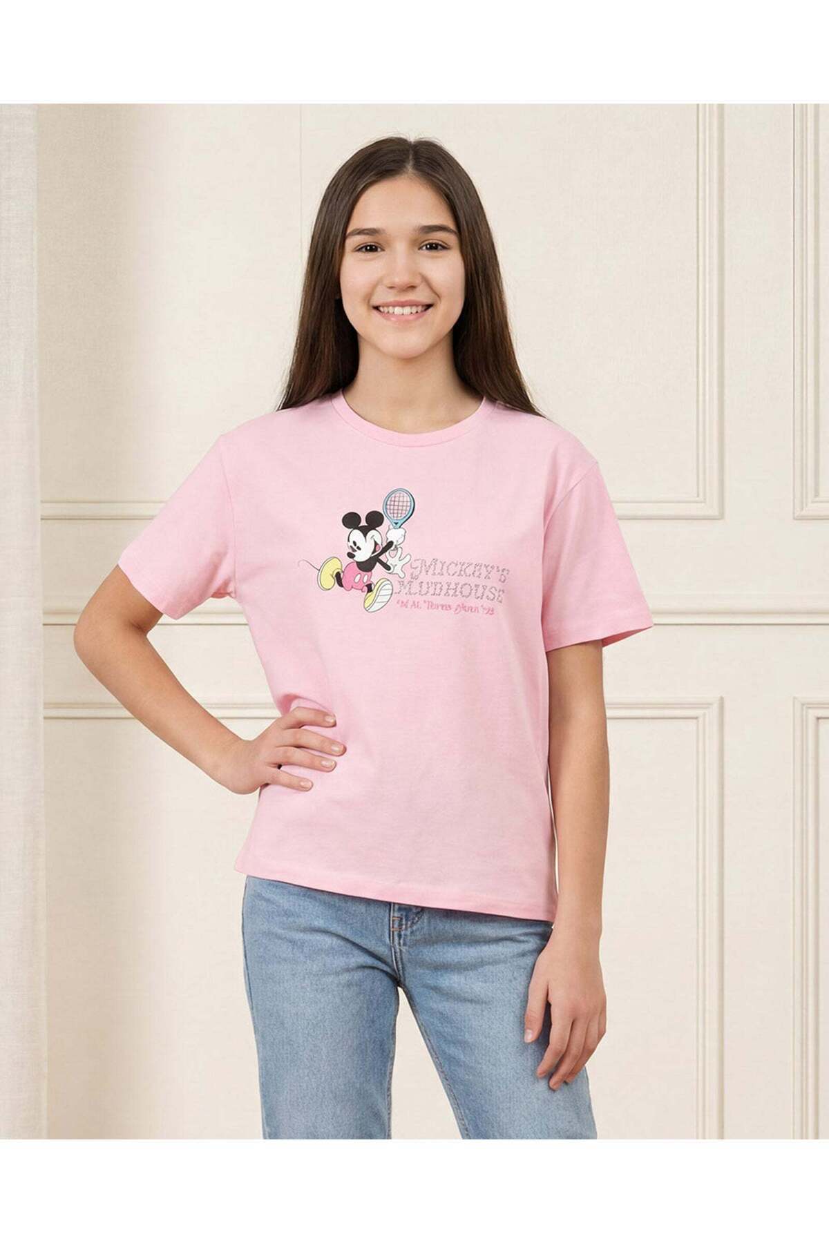 REDTAG Senior Girls Pale Pink Mickey Mouse Placement Print T-Shirt
