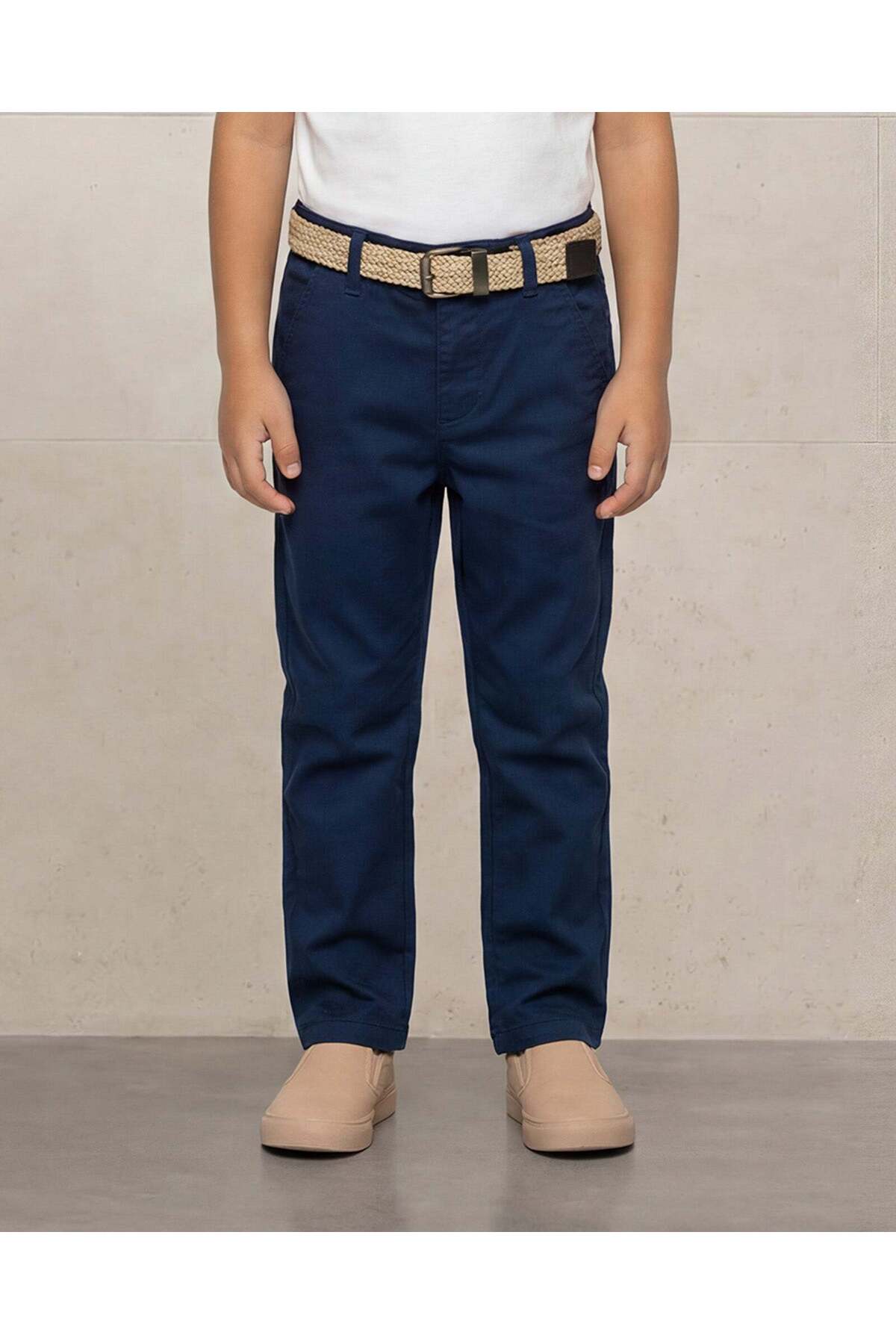 REDTAG Boys Navy Dobby Belted Trousers