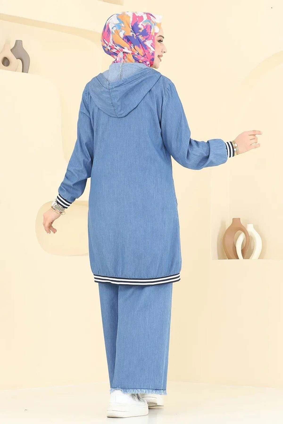 Rabia Zülal  Kapşonlu Ribanalı Kot Kumaş Tesettür Alt Üst takım Mavi - Görsel 4