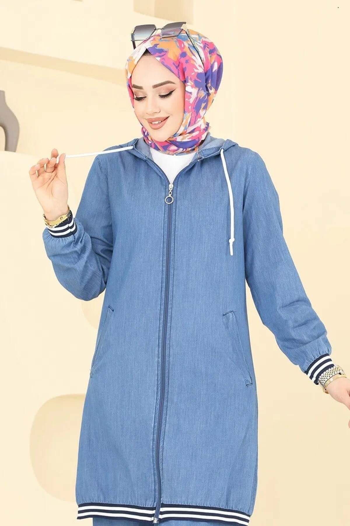 Rabia Zülal  Kapşonlu Ribanalı Kot Kumaş Tesettür Alt Üst takım Mavi - Görsel 3