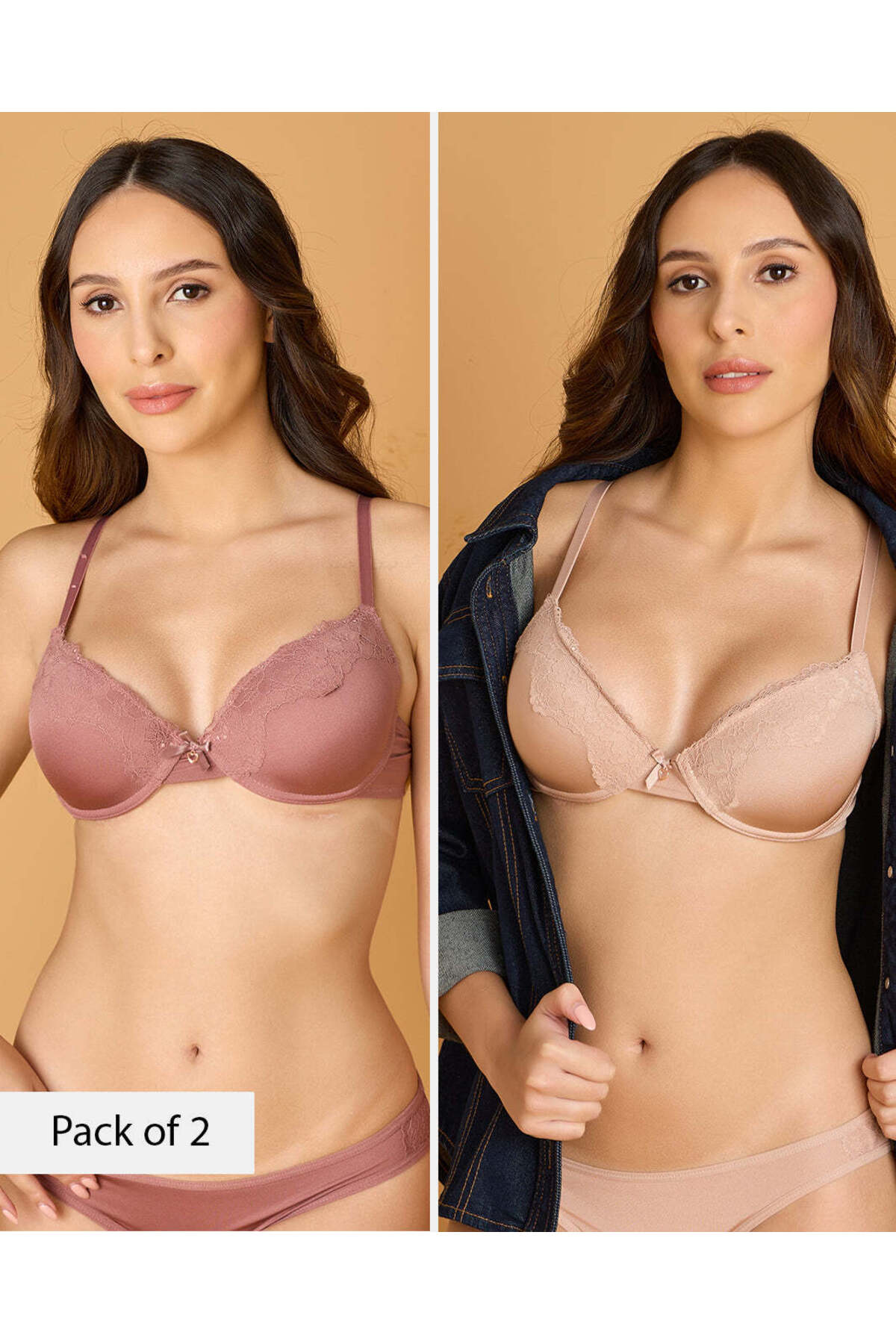 REDTAG Women Assorted 2 Pack Sequin Lace Plunge Push Up Bras