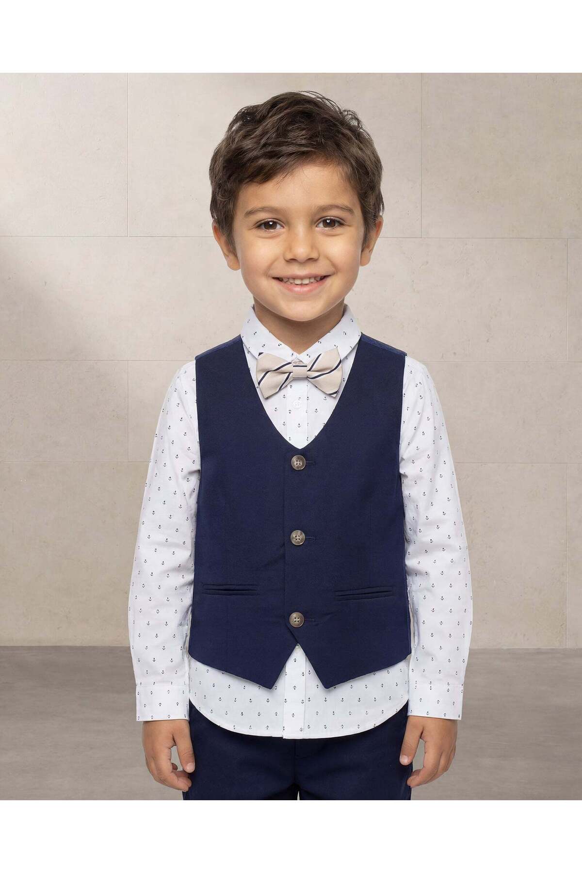 REDTAG Boys Navy Waistcoat Shirt And Tie Set