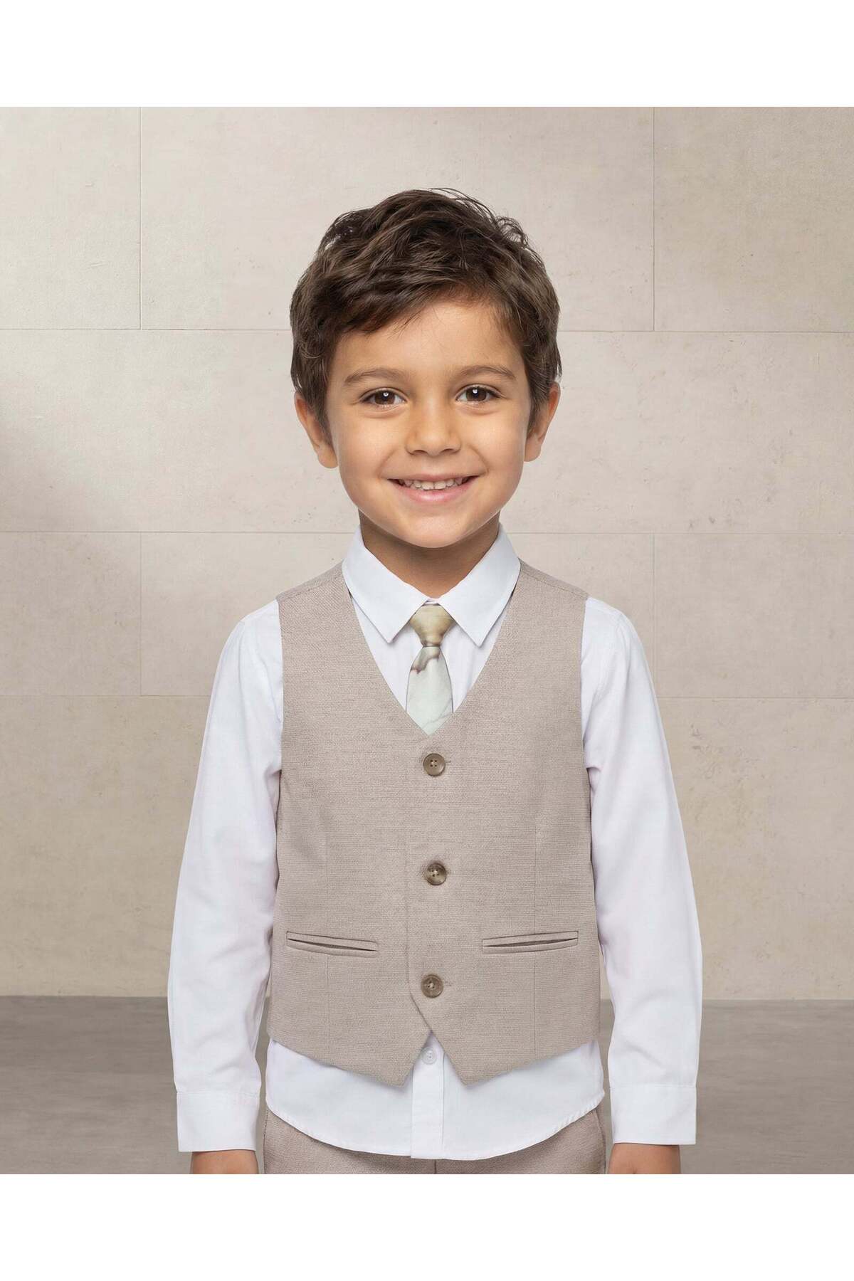 REDTAG Boys Beige Waistcoat Shirt And Tie Set