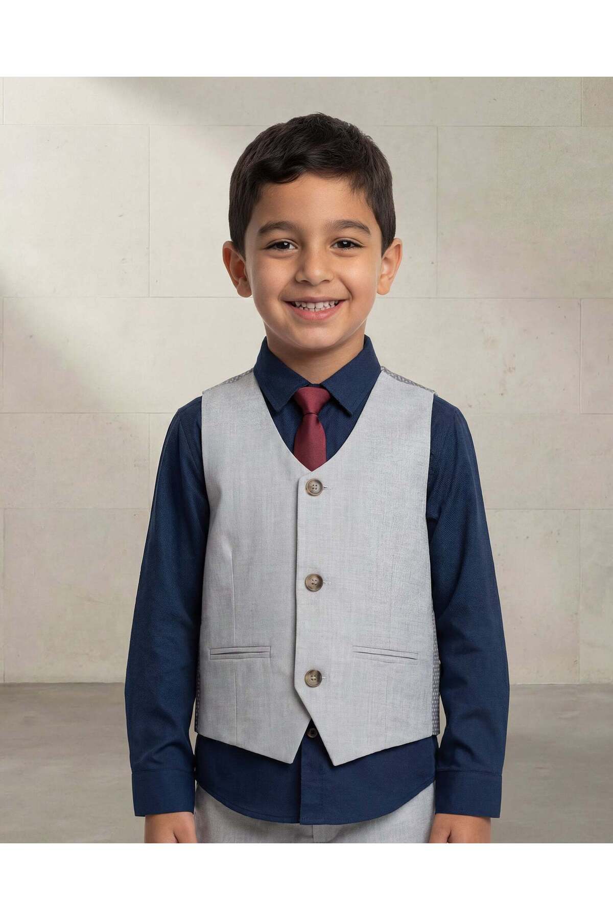 REDTAG Boys Grey Waistcoat Shirt And Tie Set