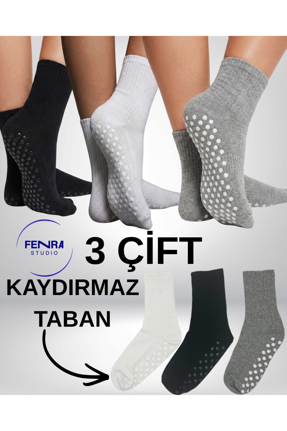 3-Piece Women's Socket Non-Slip Base Tawaf Hajj Umrah Home Socks Yoga Pilates Black White Gray