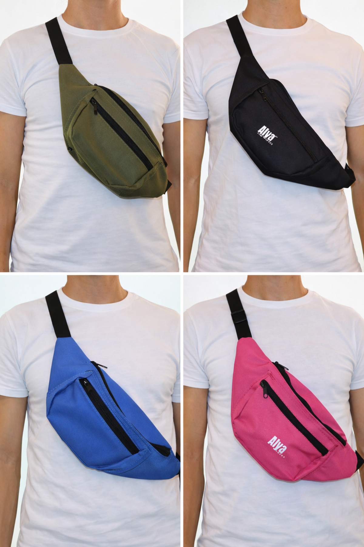 ÇANTA Unisex 4'Lü Paket Siyah, Haki, Mavi, Pembe 2 Bölmeli Omuz ve Bel Çantası