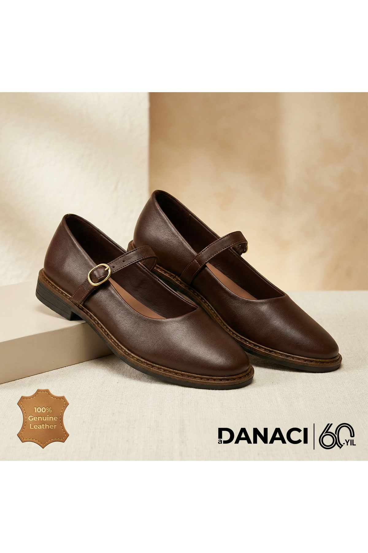 DANACI Premium Hakiki Deri Acı Kahve Kadın Mary Jane Ayakkabı