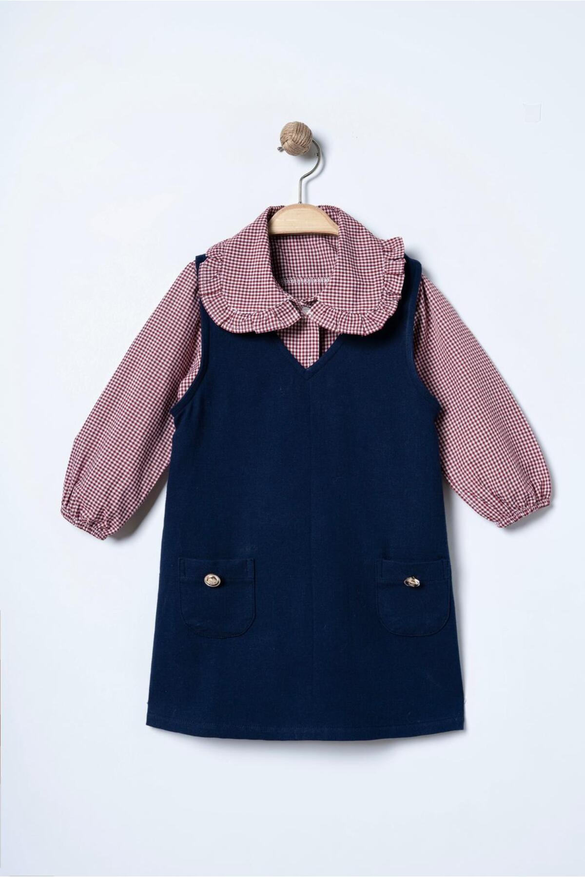 Minoviababykids Kız Çocuk Pitikare Gömlekli Jile Elbise Takım Fırfır Yaka Cepli fotoğrafı 3 (önizleme)