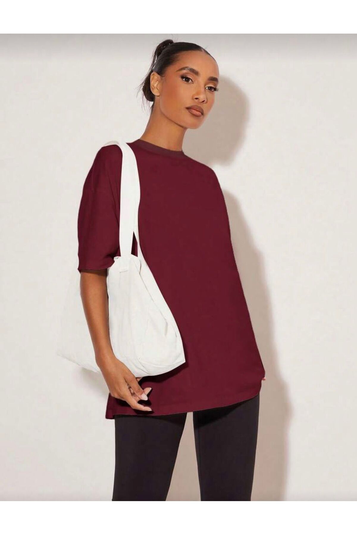 trendgar Kadın Düz Bordo Oversize Tişort görsel 3