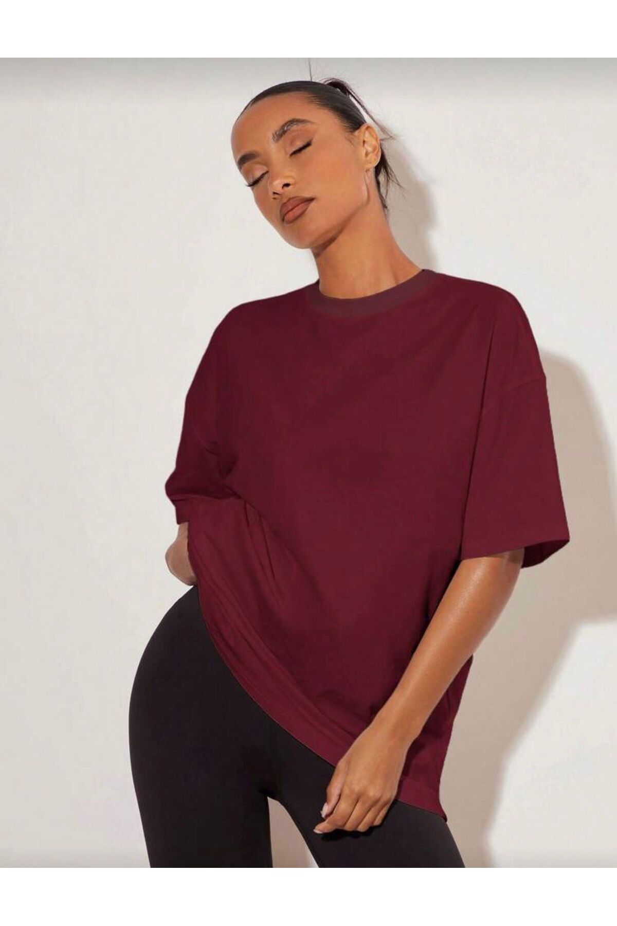 trendgar Kadın Düz Bordo Oversize Tişort