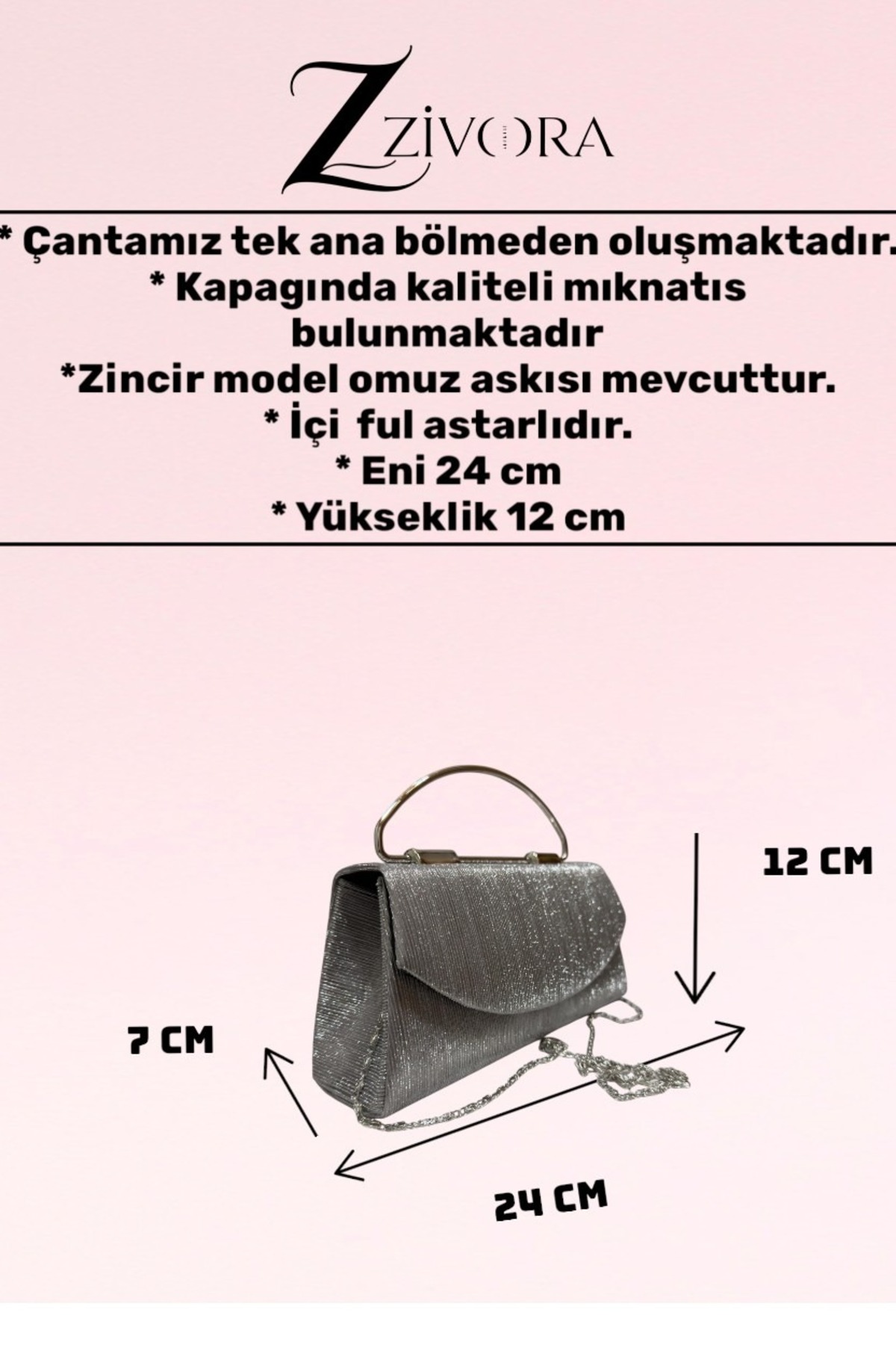 ZİVORA Kadın Simli Metal Saplı Yeni Sezon Abiye Çanta - Zincir Askılı Şık Davet, Düğün ve Gece Çantası görsel 2