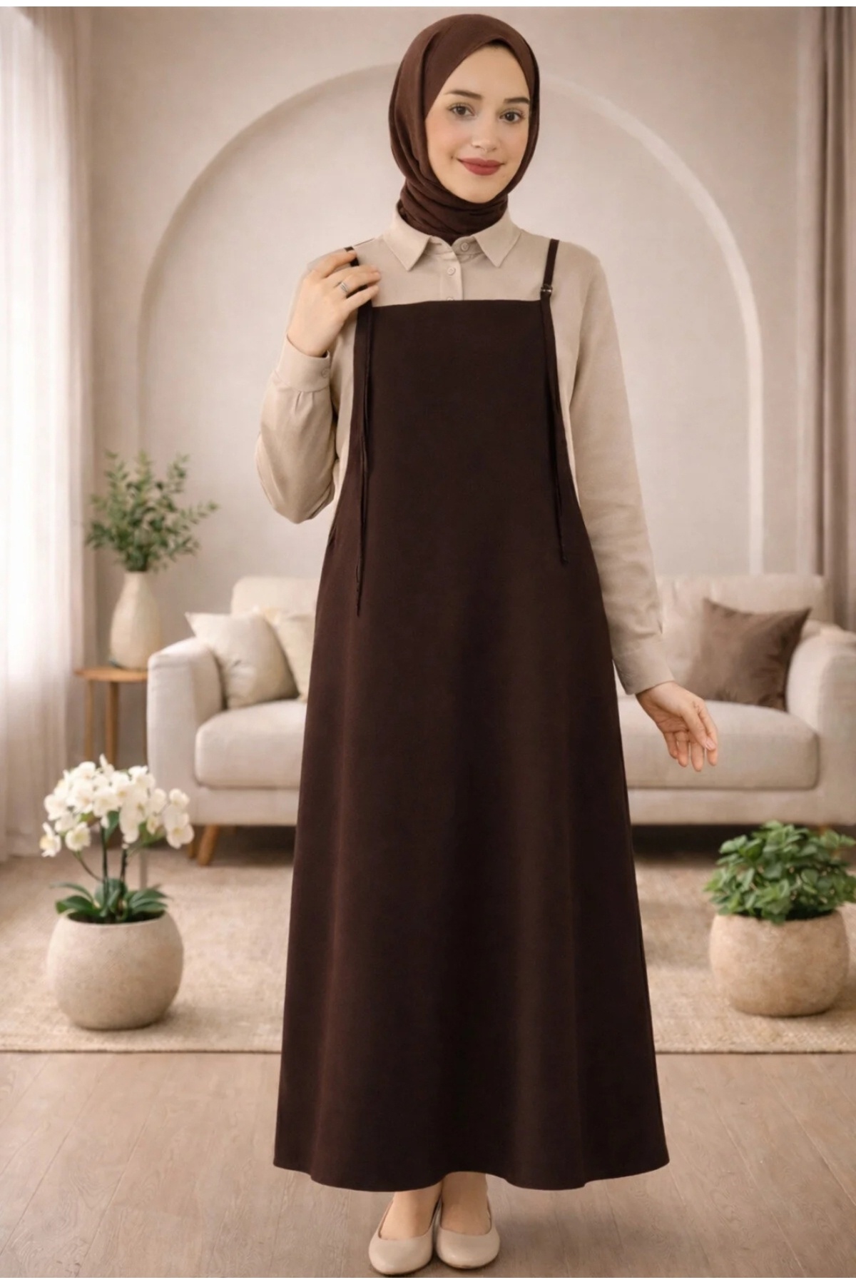 SafaButik  Kadın Acı Kahverengi Ayarlanabilir İp Askılı Jile Elbise
