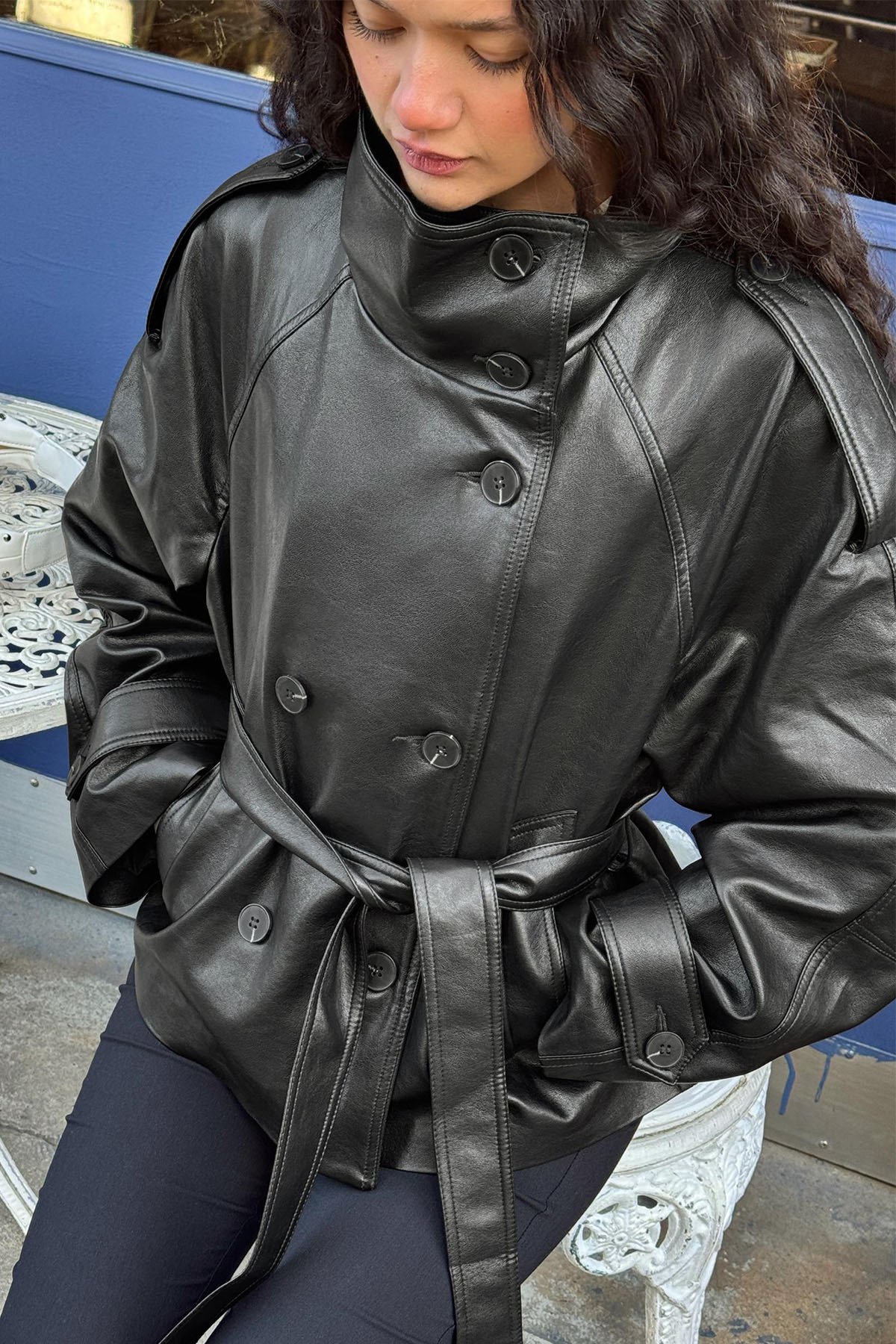 Moderk  BSK Suni Deri Dik Yaka Astarlı Kadın Deri Ceket Trenç Trençkot - Görsel 2