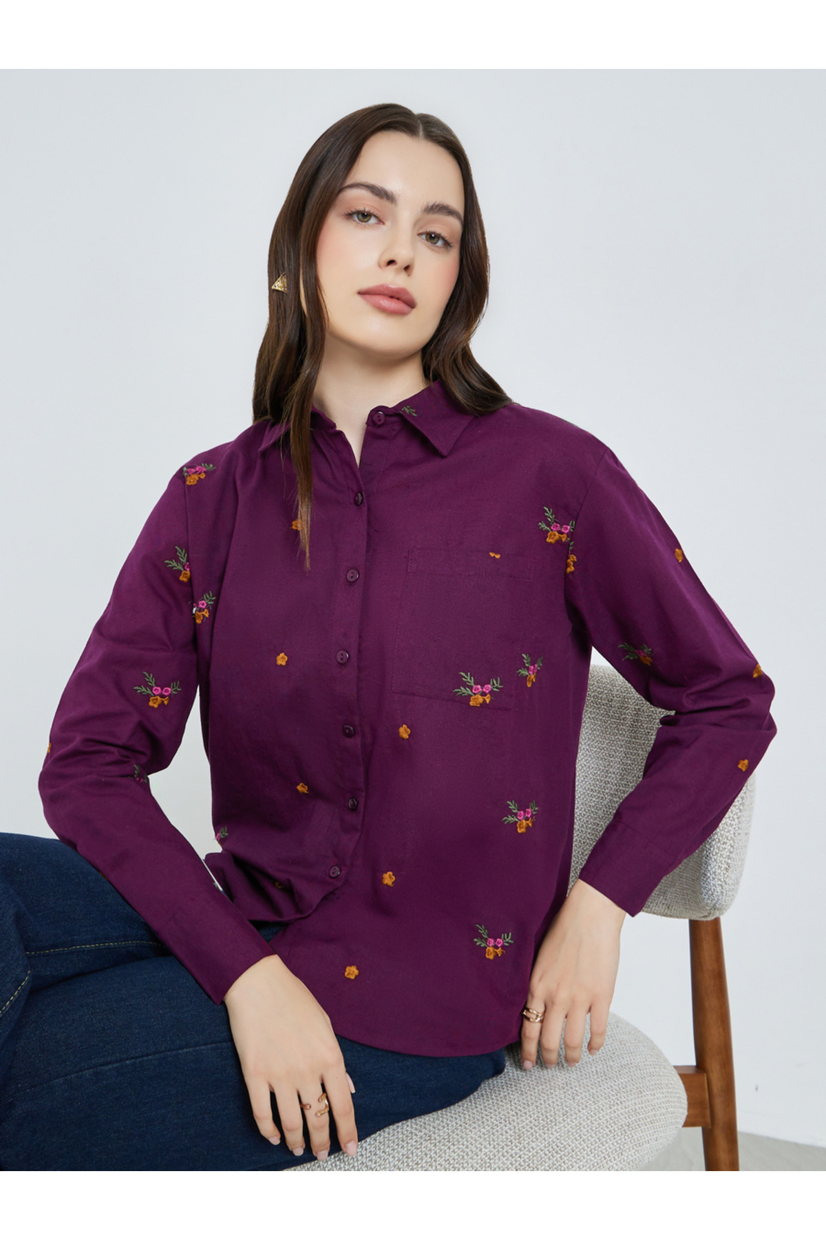 Styli Women Purple Floral Embroidered Shirt