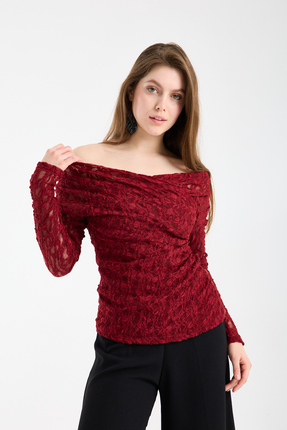 sumoda kadın Kruvaze Büzgülü Likralı Dantelli Bluz