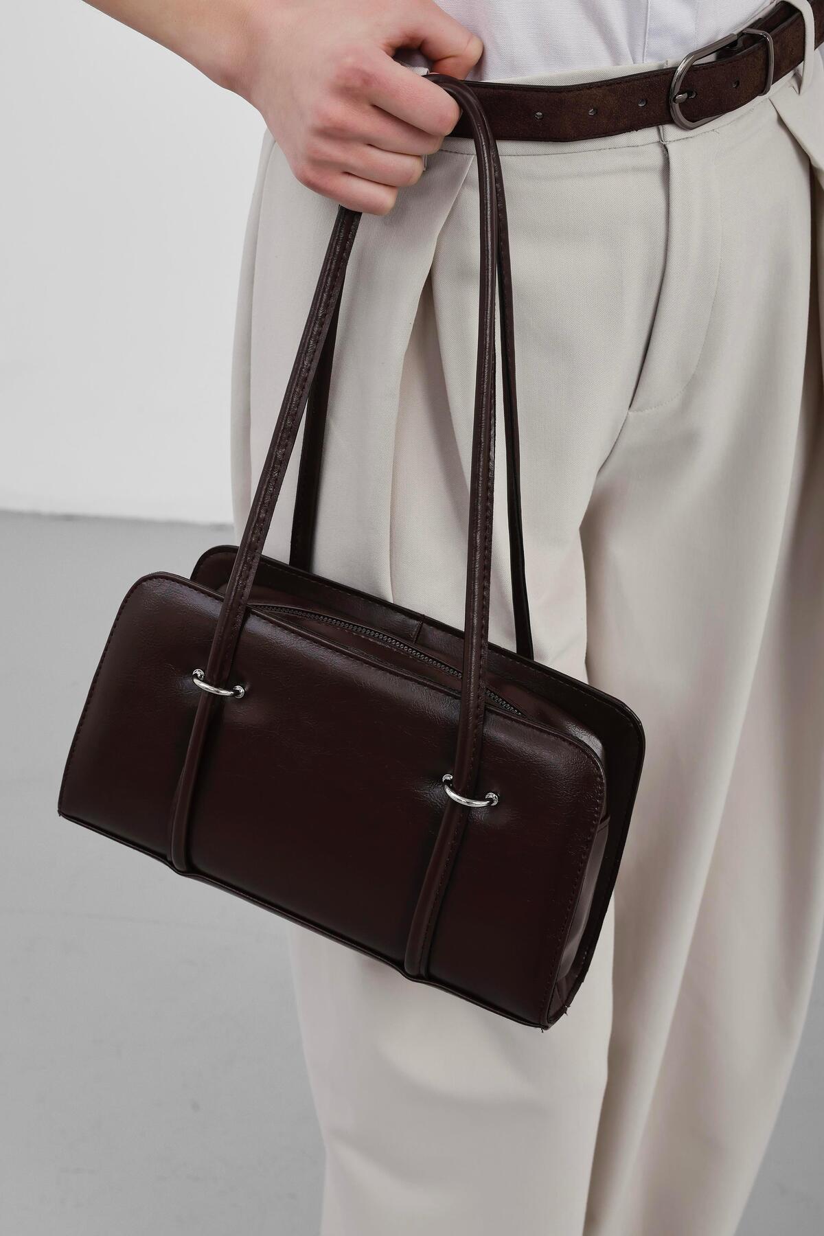 Shule Bags  Hansal Metal Detaylı Baget Çanta Acı Kahve - Görsel 6