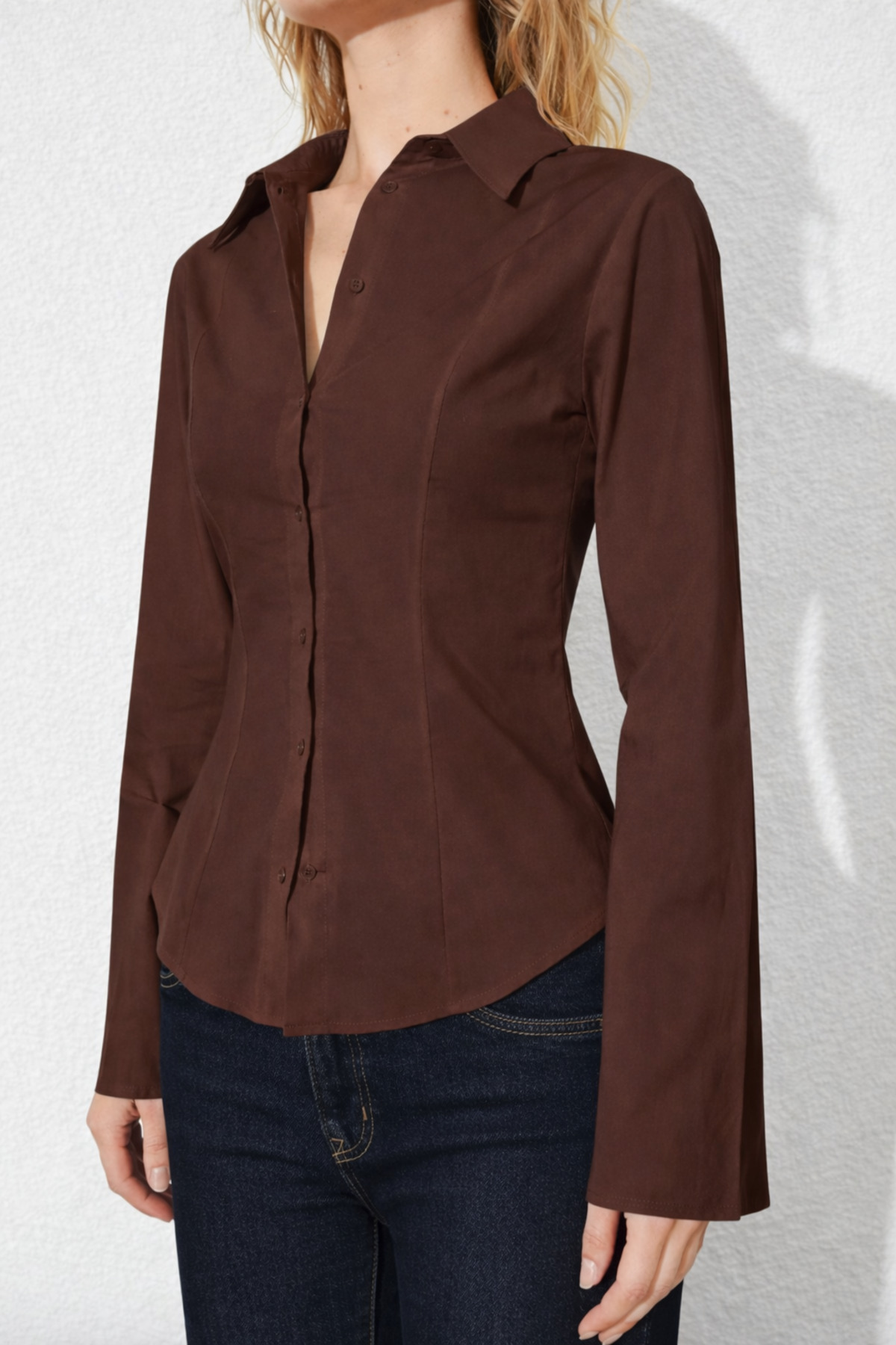 Manche  Bel Oturtmalı İspanyol Kol Lİkralı Pamuk Gömlek - Acı Kahve | MKS161463-01 - Görsel 2