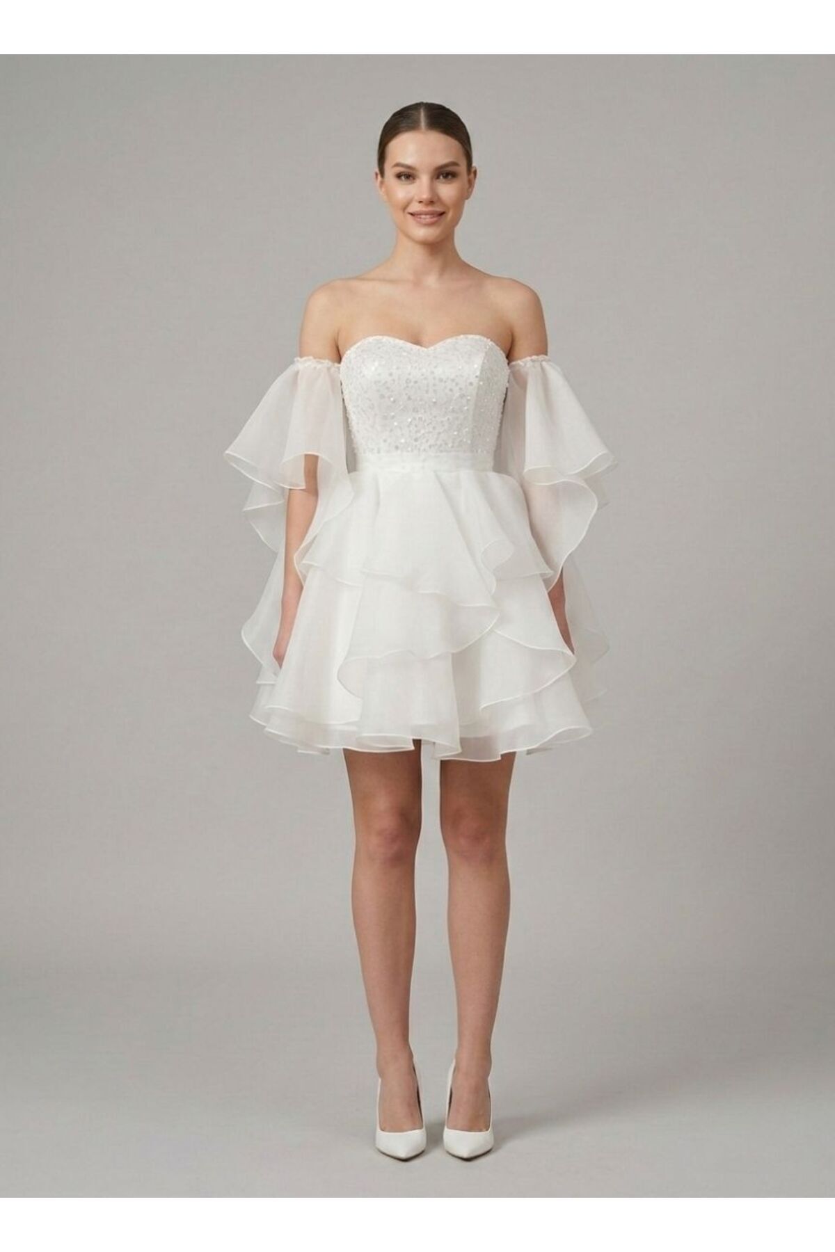 Heart Collar Embroidered White Tulle Flywheel Sleeve Princess Mini Evening Dress