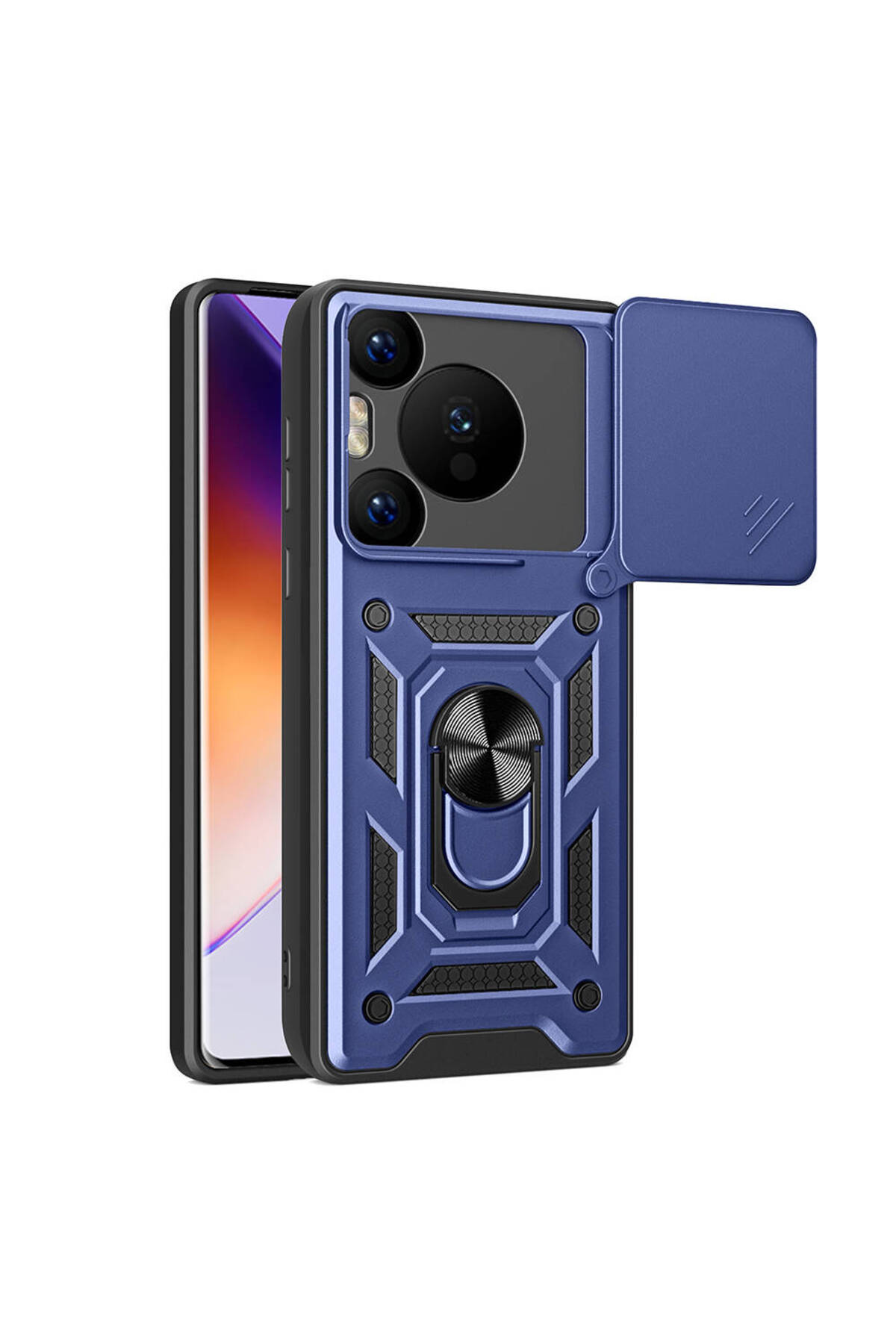 Huawei Pura 70 Pro 5G Kılıf Magnetik Standlı Kamera Korumalı GZGN Sürgülü Vega Kapak - Mavi