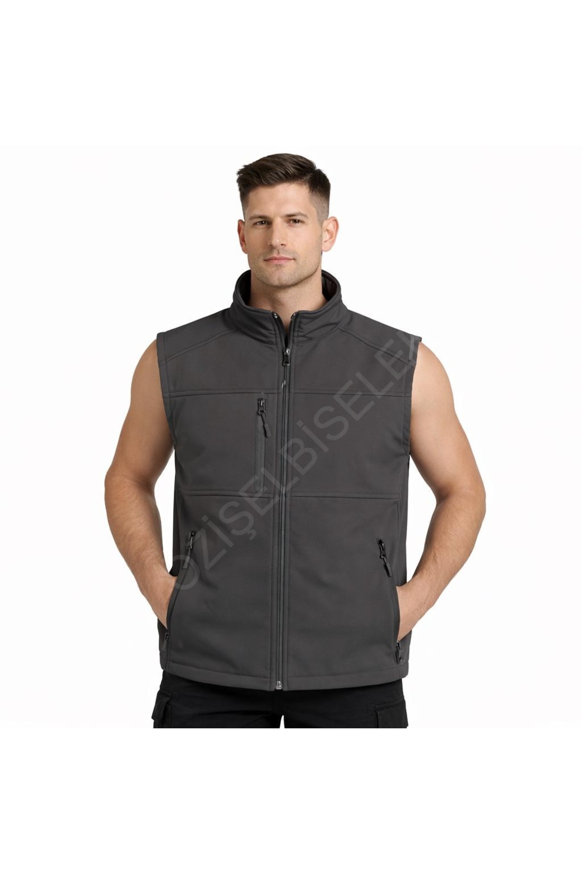 MODA Erkek Yelek Softshell Su Geçirmez Tam Fermuarlı Cepli Normal Kalıp Spor Yelek görsel 4