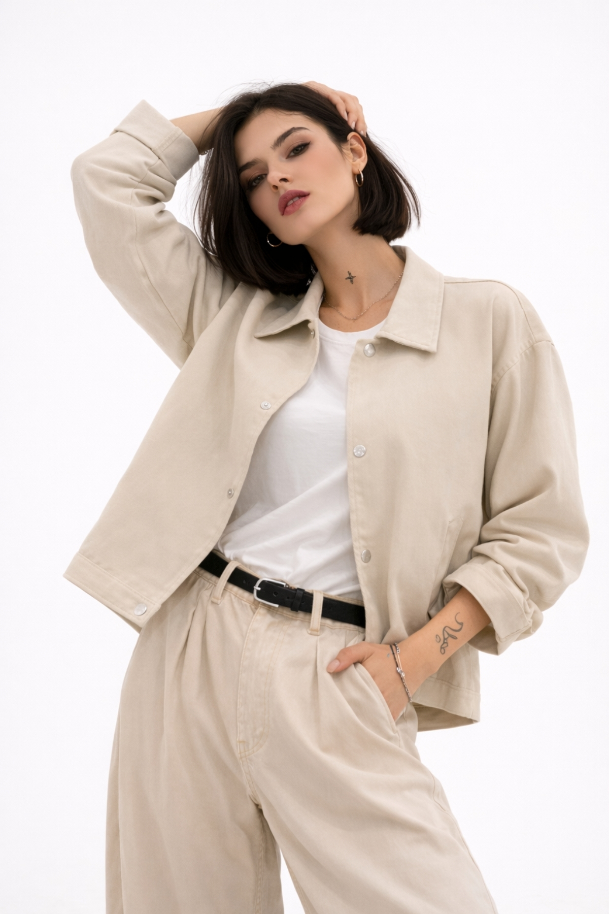 freemen  Kadın Oversize Basic Gabardin Mevsimlik Polo Yaka Taş Ceket - Görsel 4