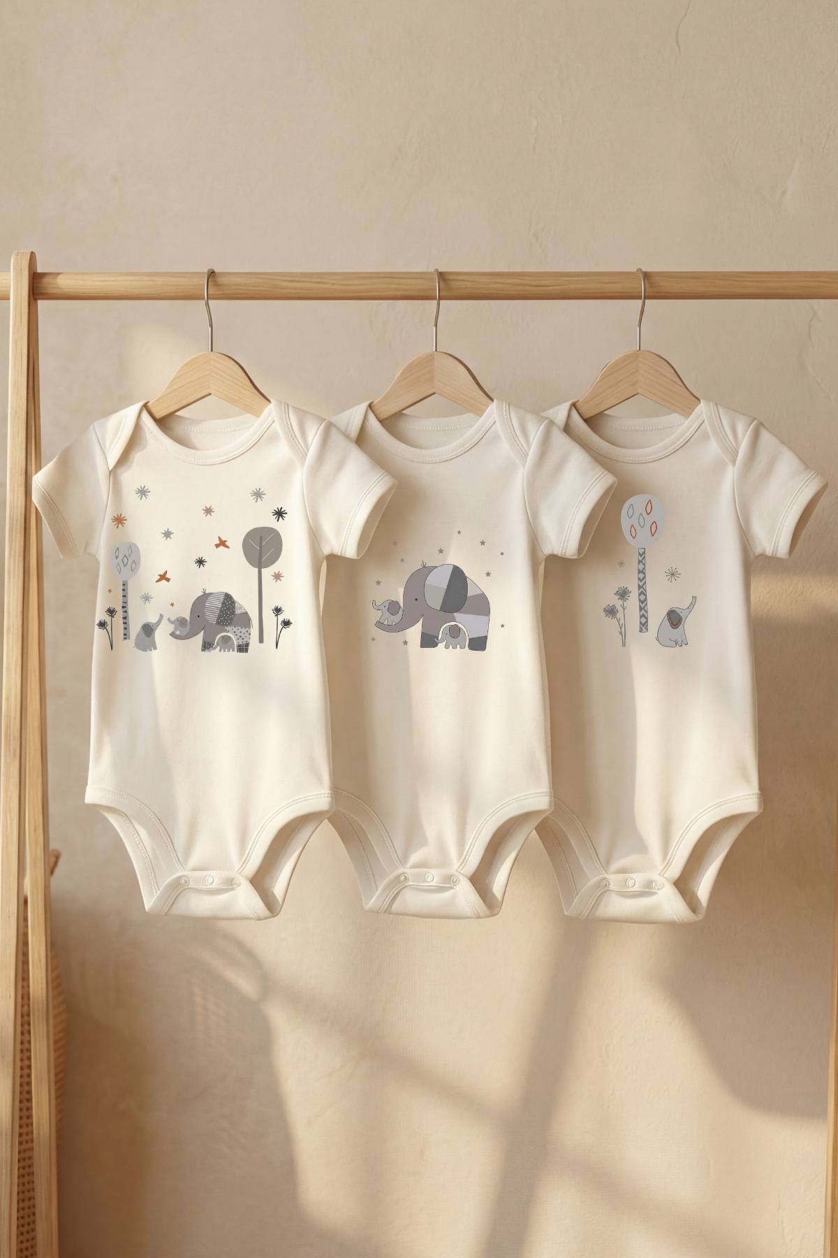 100% Organic Cotton Cute Elephant Family Printed Short Sleeve Snap Fastener Baby Bodysuit Bodysuit Snapsuit
