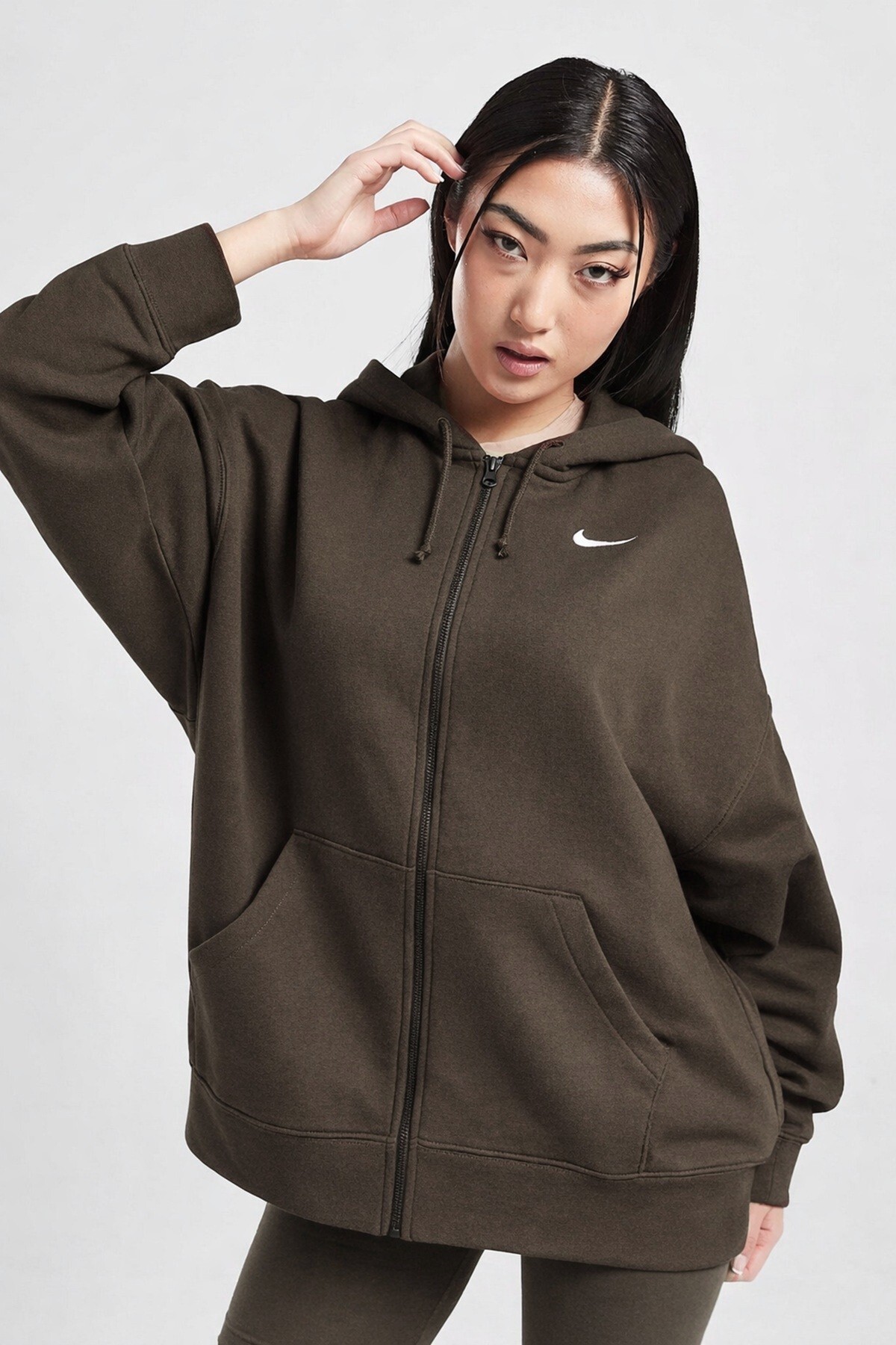 Nike Sportswear Essentials Oversize Fleece Full Zip Hoodie Kadın Oversize Kapüşonlu Sweatshirt Kahve